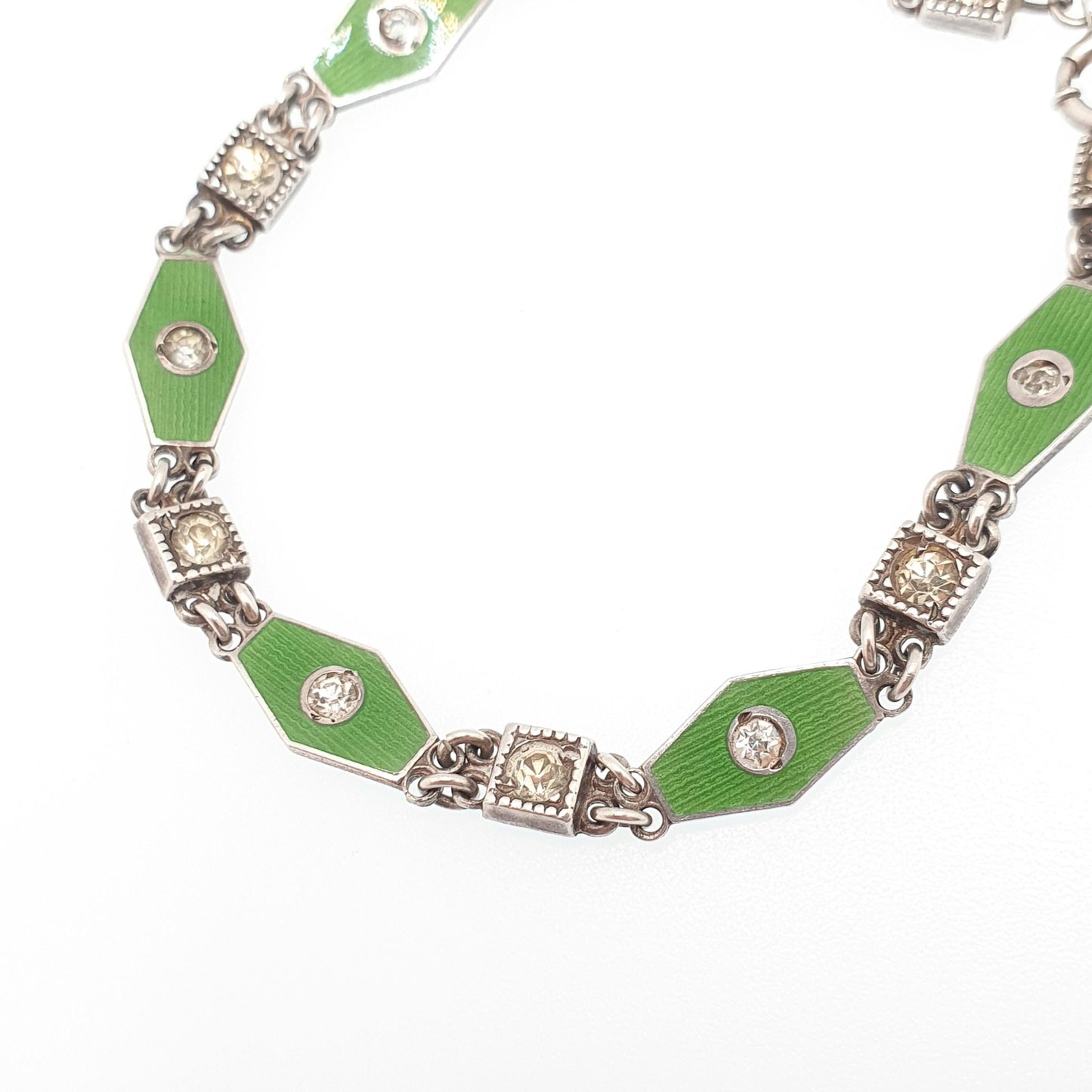 Antique Sterling Silver Enamel Bracelet Diamond Paste Art Deco Champleve Vintage 1920s 17.5cm 8.04g Green Kite Womens Jewelry Jewellery