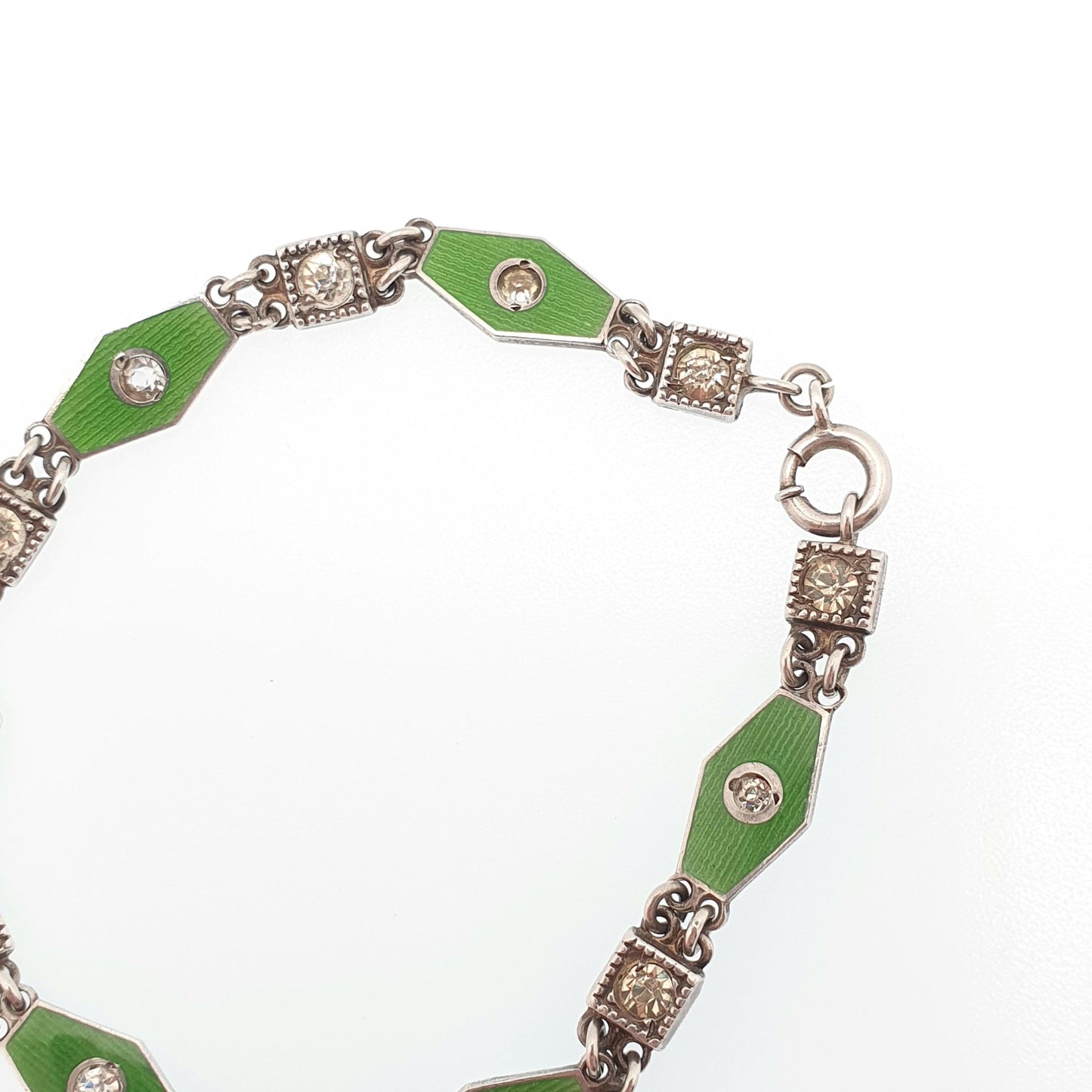Antique Sterling Silver Enamel Bracelet Diamond Paste Art Deco Champleve Vintage 1920s 17.5cm 8.04g Green Kite Womens Jewelry Jewellery