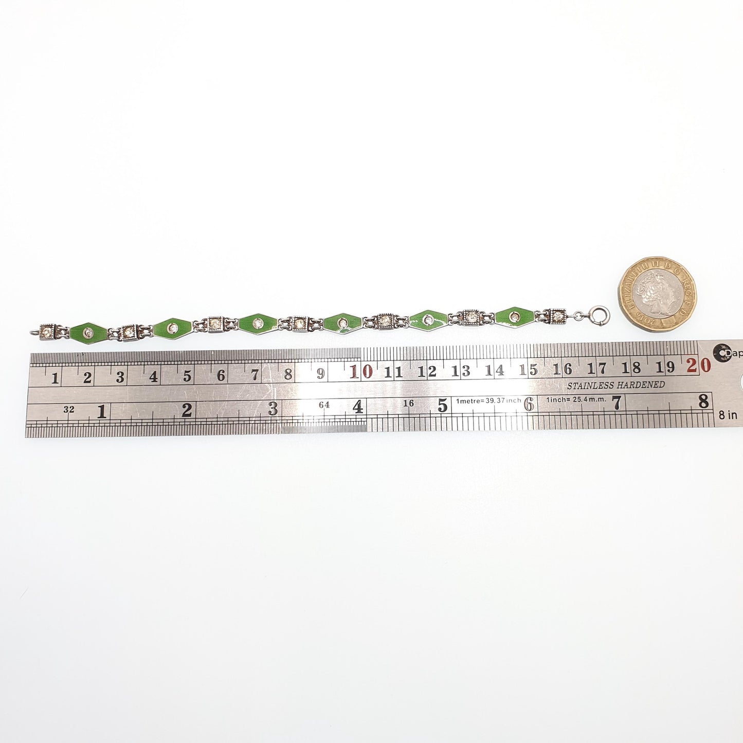 Antique Sterling Silver Enamel Bracelet Diamond Paste Art Deco Champleve Vintage 1920s 17.5cm 8.04g Green Kite Womens Jewelry Jewellery