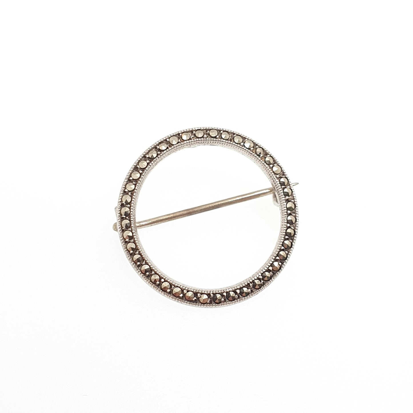 Antique Art Deco Sterling Silver Circle Brooch Marcasite Pin TLM 0 O Zero Sparkly Gemstone 1920s Vintage Ladies Womens Jewelry Jewwellery