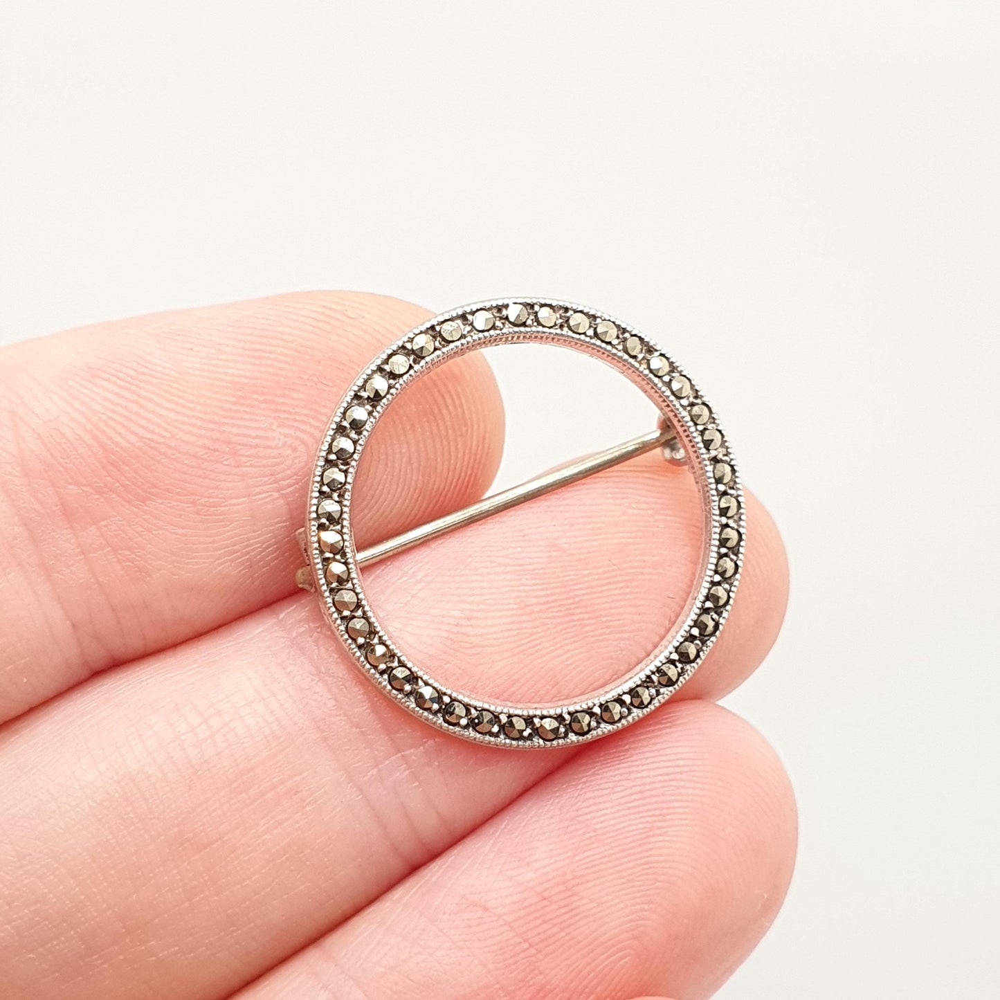 Antique Art Deco Sterling Silver Circle Brooch Marcasite Pin TLM 0 O Zero Sparkly Gemstone 1920s Vintage Ladies Womens Jewelry Jewwellery