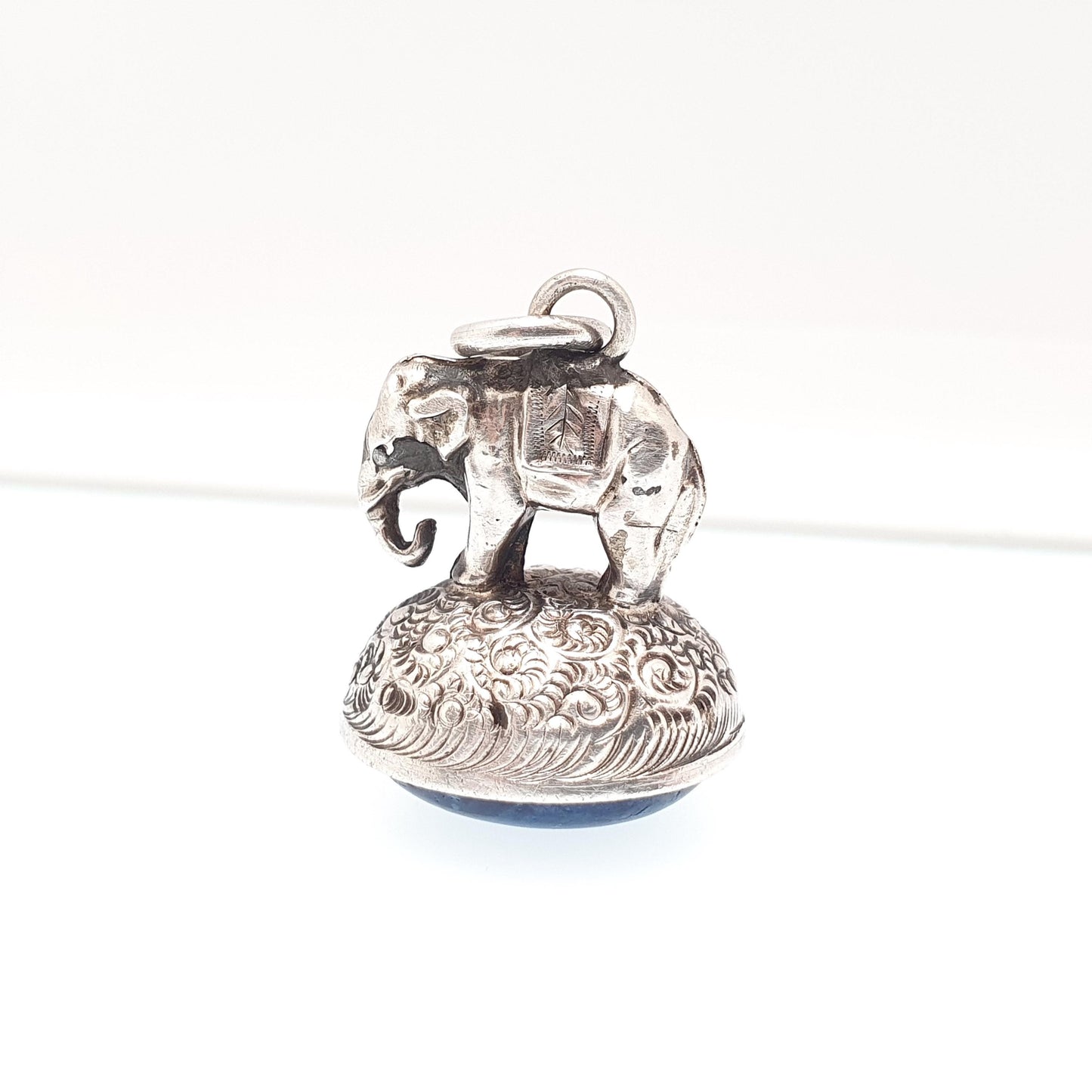 Antique Sterling Silver Elephant Fob Pendant Necklace Victorian 1896 Sodalite Gemstone Rare Animal Vintage Womans Jewellery Jewelry
