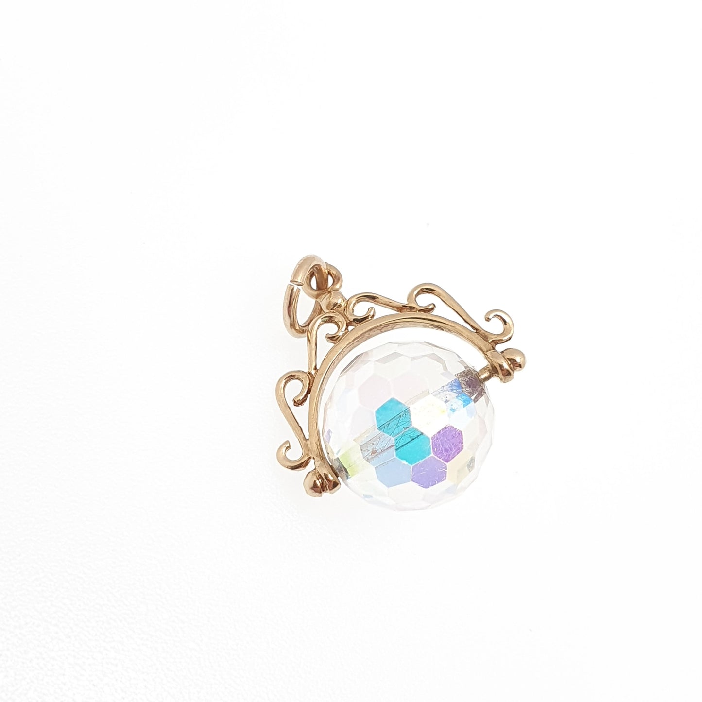 Vintage 9ct 9k Gold Spinner Fob Pendant Charm Aurora Borealis Crystal Victorian Revival Necklace Solid 375 Womens Jewelry Jewellery