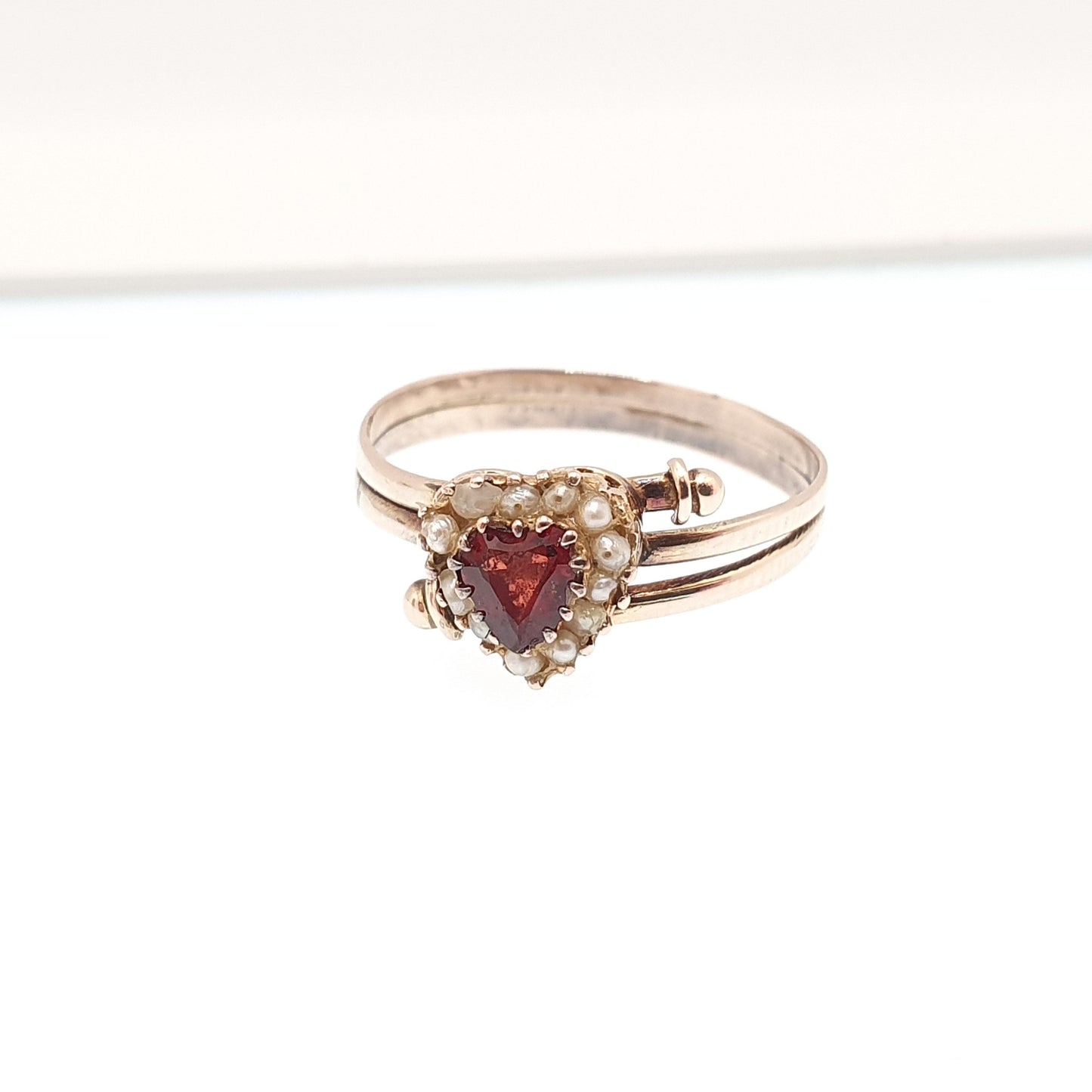 Antique Victorian 9ct Gold Garnet Heart Ring Seed Pearl Solid 375 Rose Gold Love Gift 1800s Sweetheart Womens Vintage Jewelry Jewellery