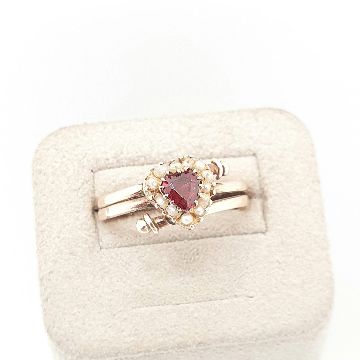Antique Victorian 9ct Gold Garnet Heart Ring Seed Pearl Solid 375 Rose Gold Love Gift 1800s Sweetheart Womens Vintage Jewelry Jewellery