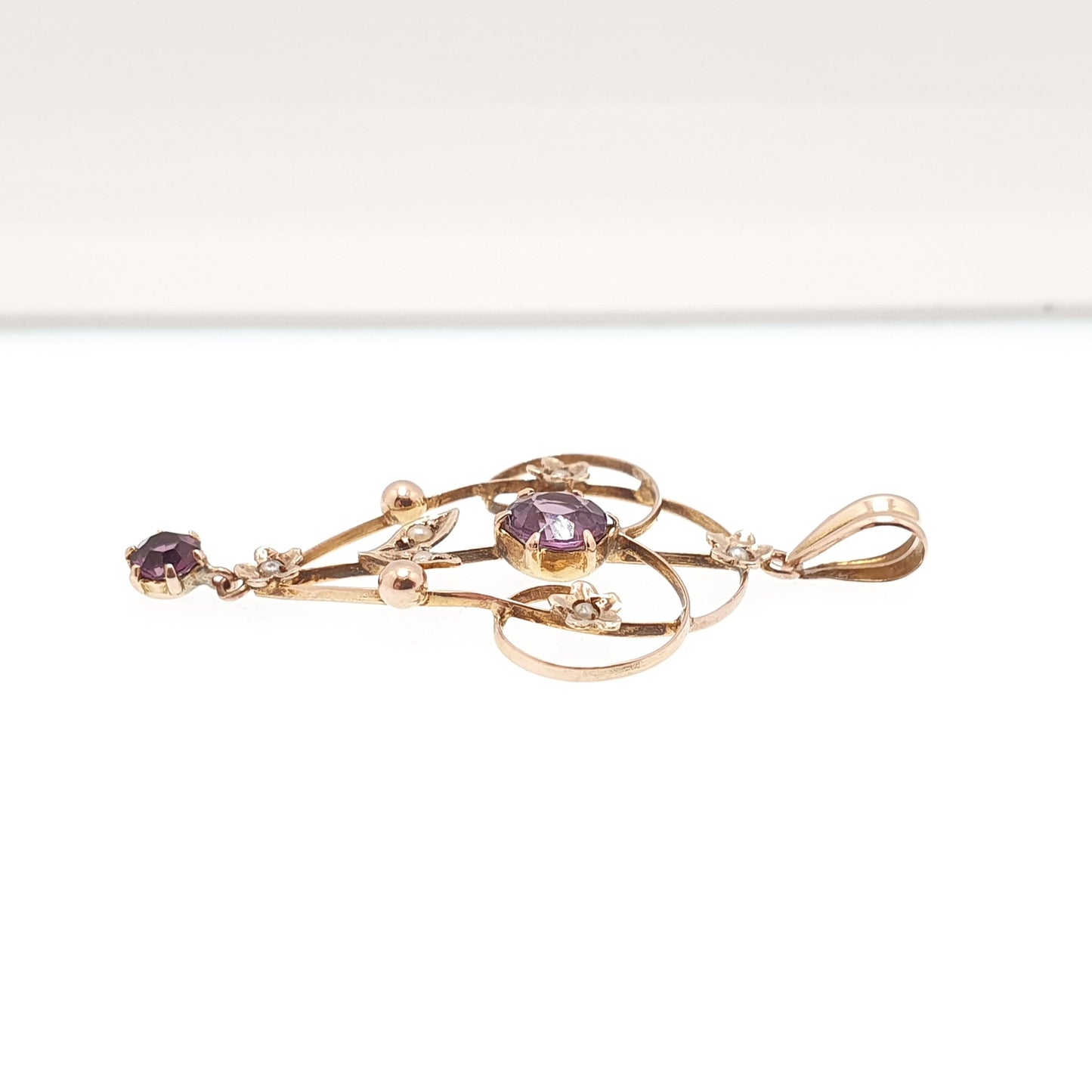 Antique 9ct 9k Gold Amethyst Paste Pendant Seed Pearl Necklace Edwardian Solid 375 Openwork Necklace 1900s Old Vintage Jewellery Jewelry