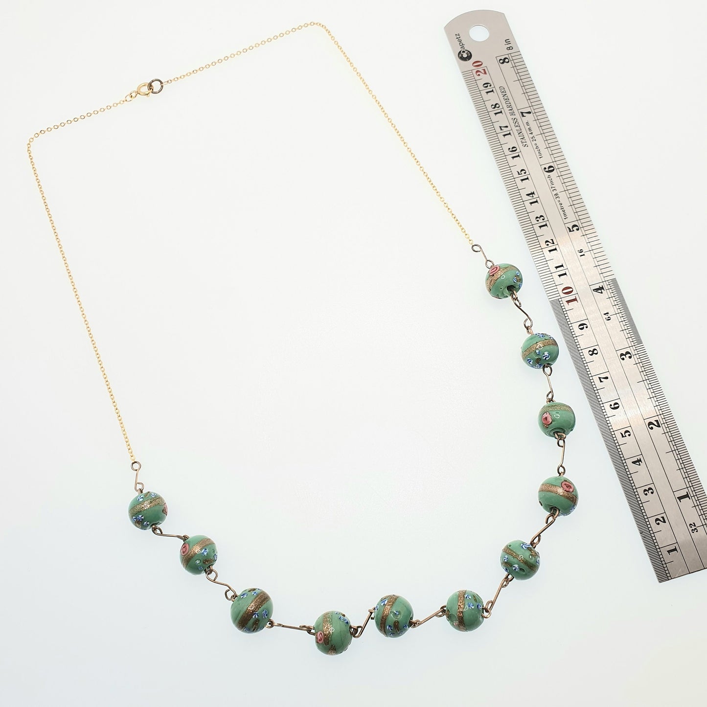 Antique Wedding Cake Bead Necklace Green Venetian Glass Rolled Gold 67cm 26.3" Art Deco 1920s Vintage Gold Filled Womens Jewelry Jewellery