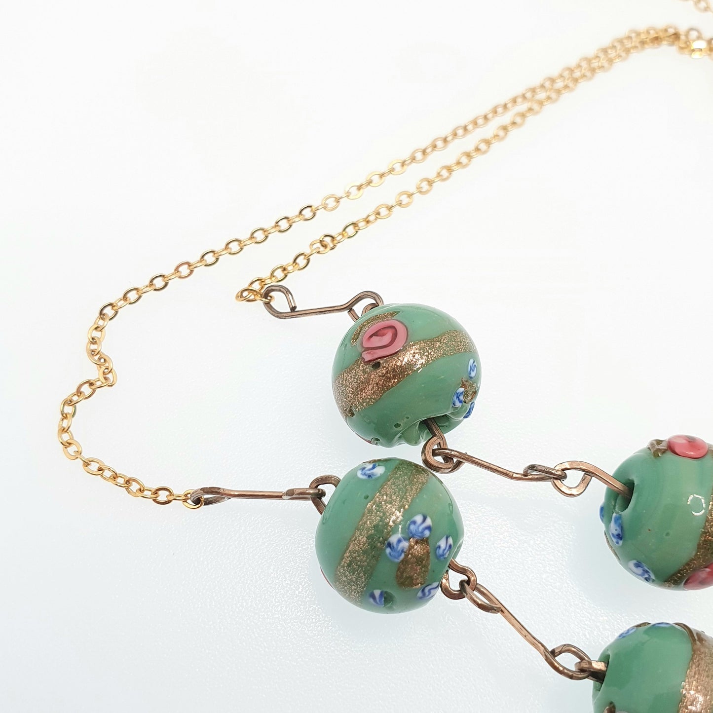 Antique Wedding Cake Bead Necklace Green Venetian Glass Rolled Gold 67cm 26.3" Art Deco 1920s Vintage Gold Filled Womens Jewelry Jewellery