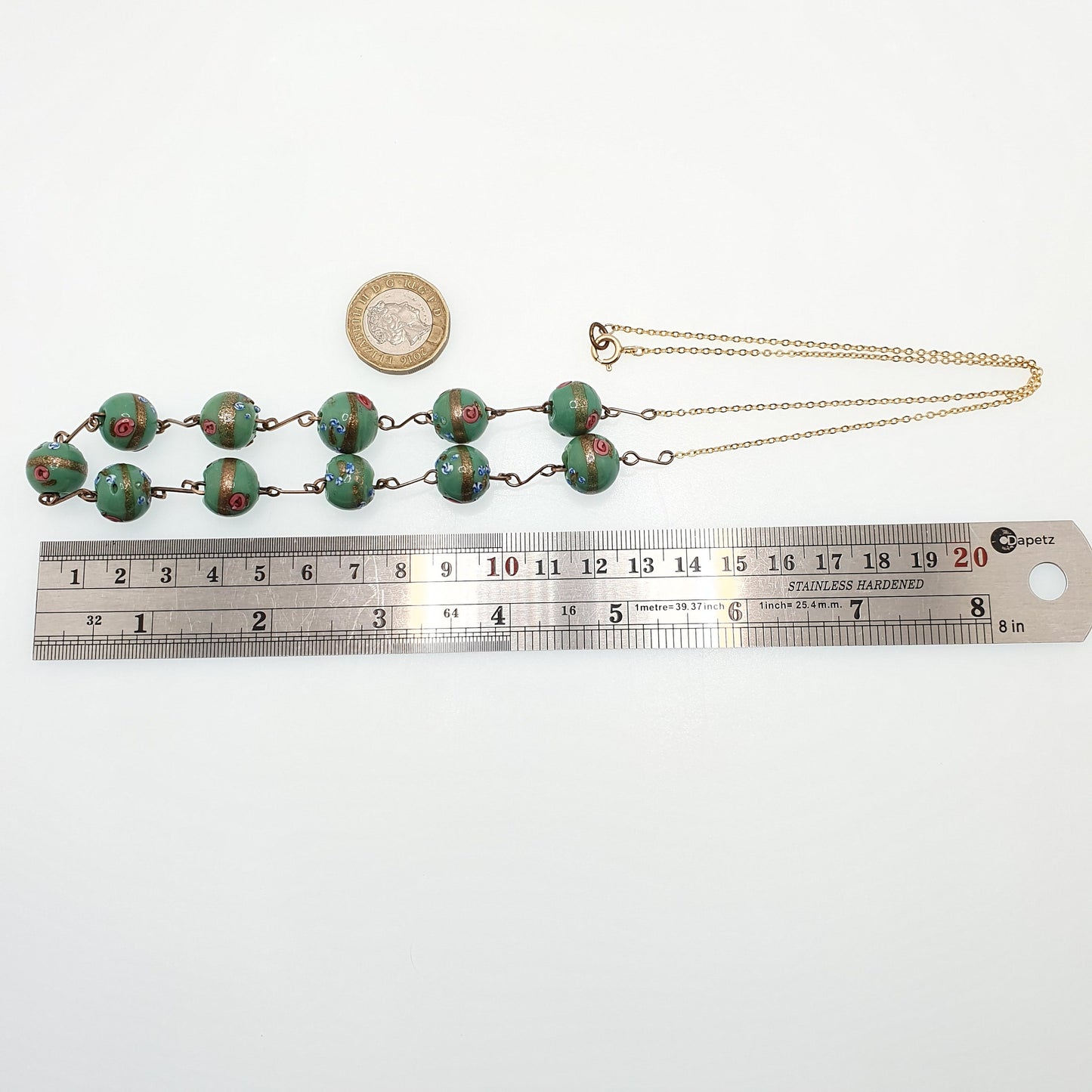 Antique Wedding Cake Bead Necklace Green Venetian Glass Rolled Gold 67cm 26.3" Art Deco 1920s Vintage Gold Filled Womens Jewelry Jewellery
