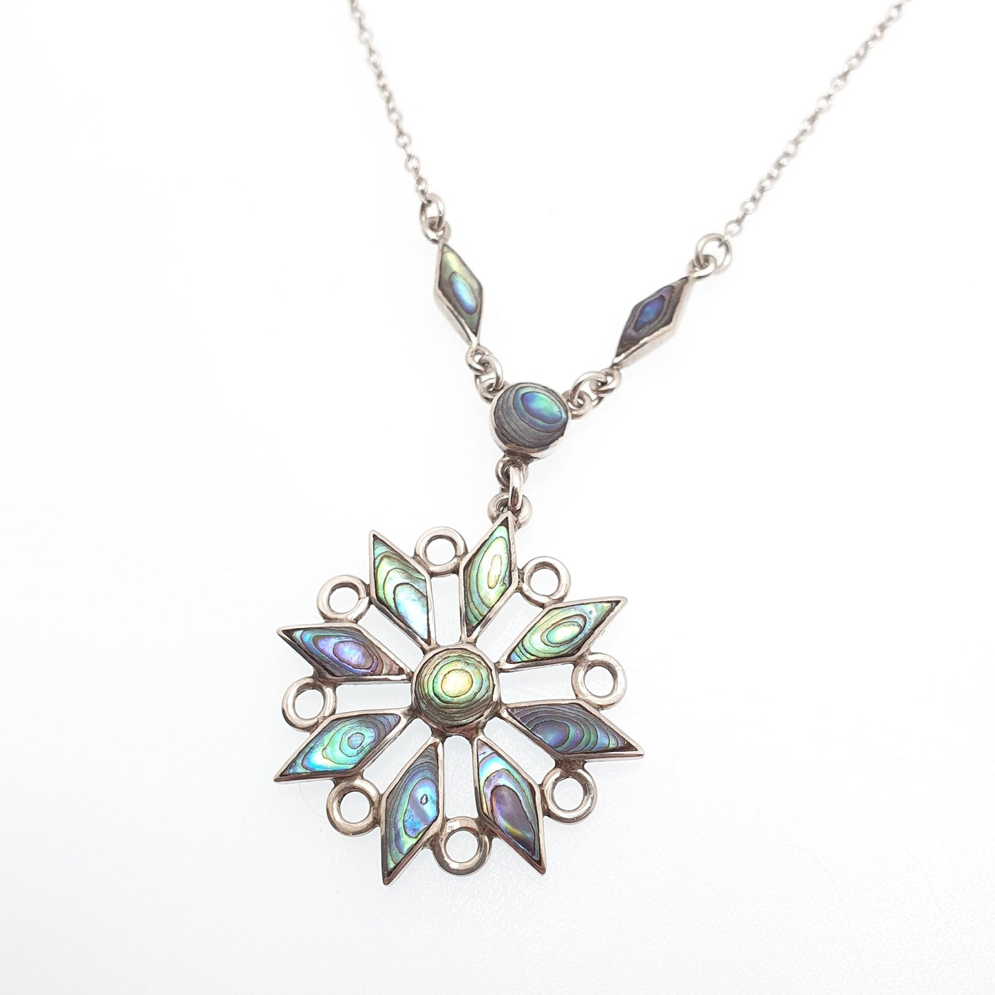 Old Vintage Sterling Silver Abalone Shell Star Necklace Pendant Solid 925 Iridescent Rainbow Y Pendant Blue Green Womens Jewellery Jewelry