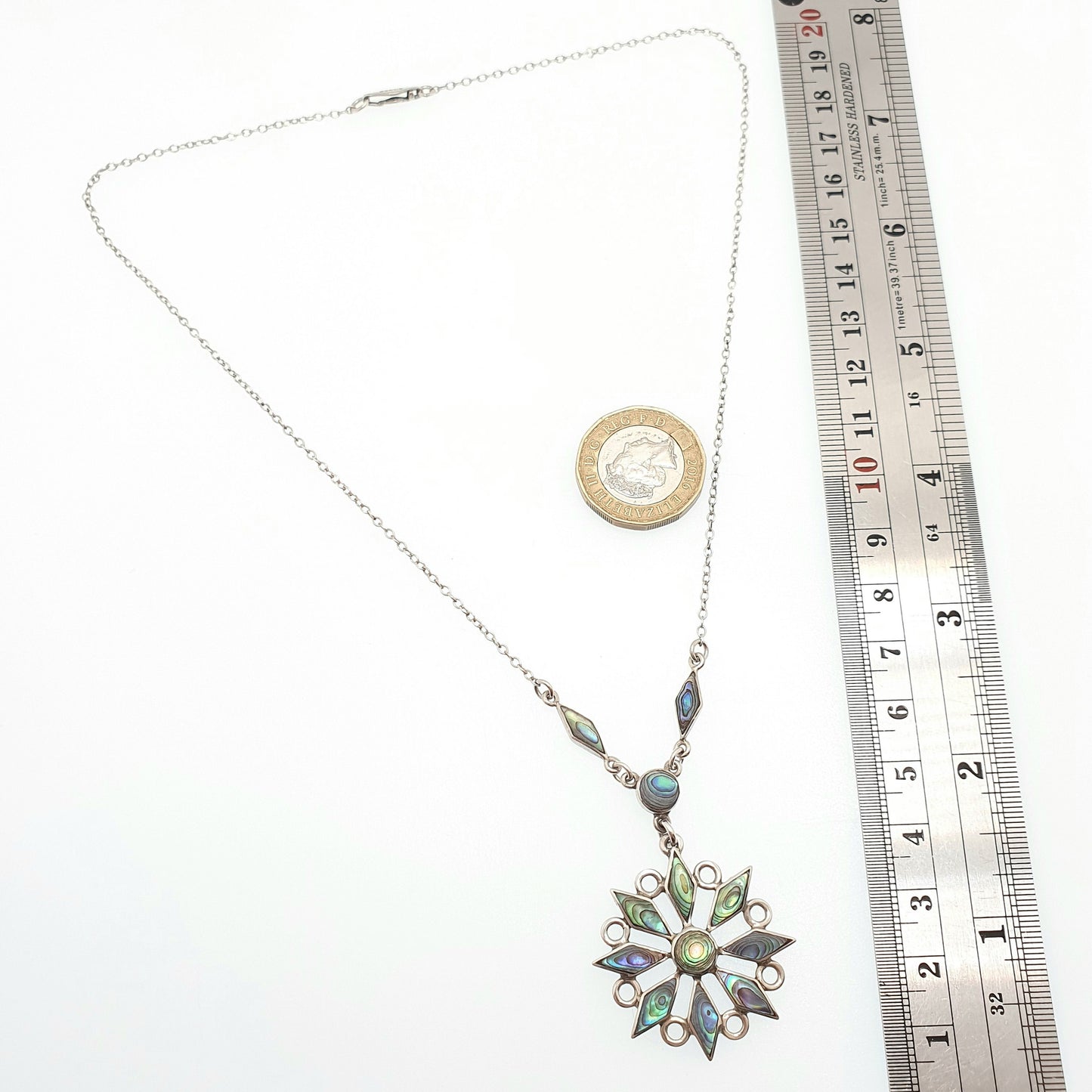 Old Vintage Sterling Silver Abalone Shell Star Necklace Pendant Solid 925 Iridescent Rainbow Y Pendant Blue Green Womens Jewellery Jewelry