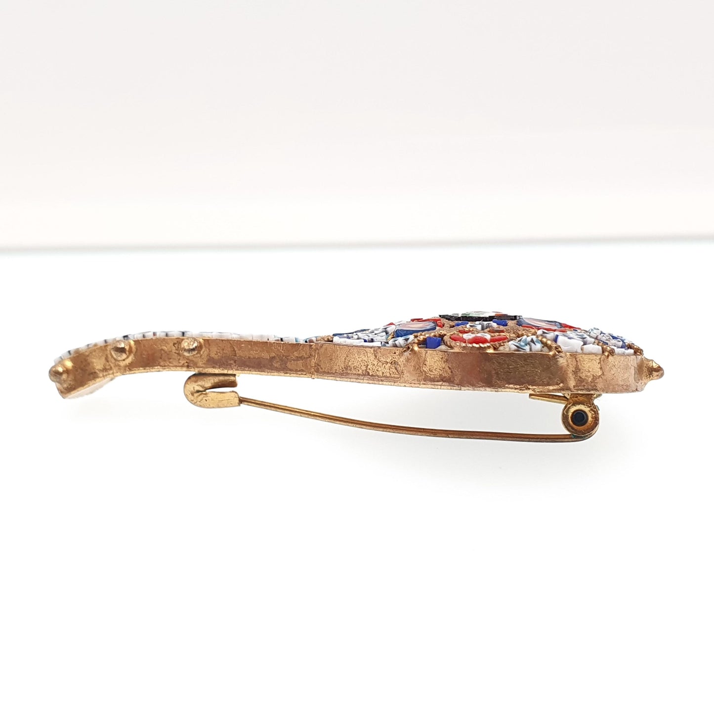 Antique Micromosaic Brooch Pin Lute Mandolin Shape Large Big Golt Gilt Instrument Italian Flower Handmade Womens Jewelry Vintage Jewellery