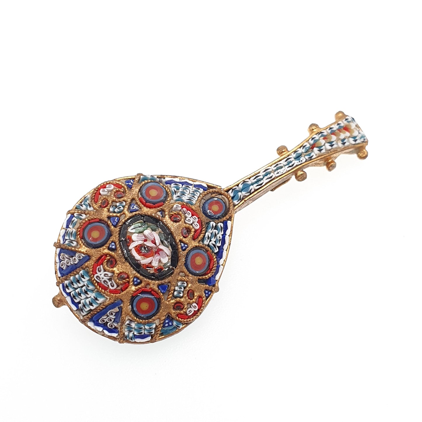 Antique Micromosaic Brooch Pin Lute Mandolin Shape Large Big Golt Gilt Instrument Italian Flower Handmade Womens Jewelry Vintage Jewellery