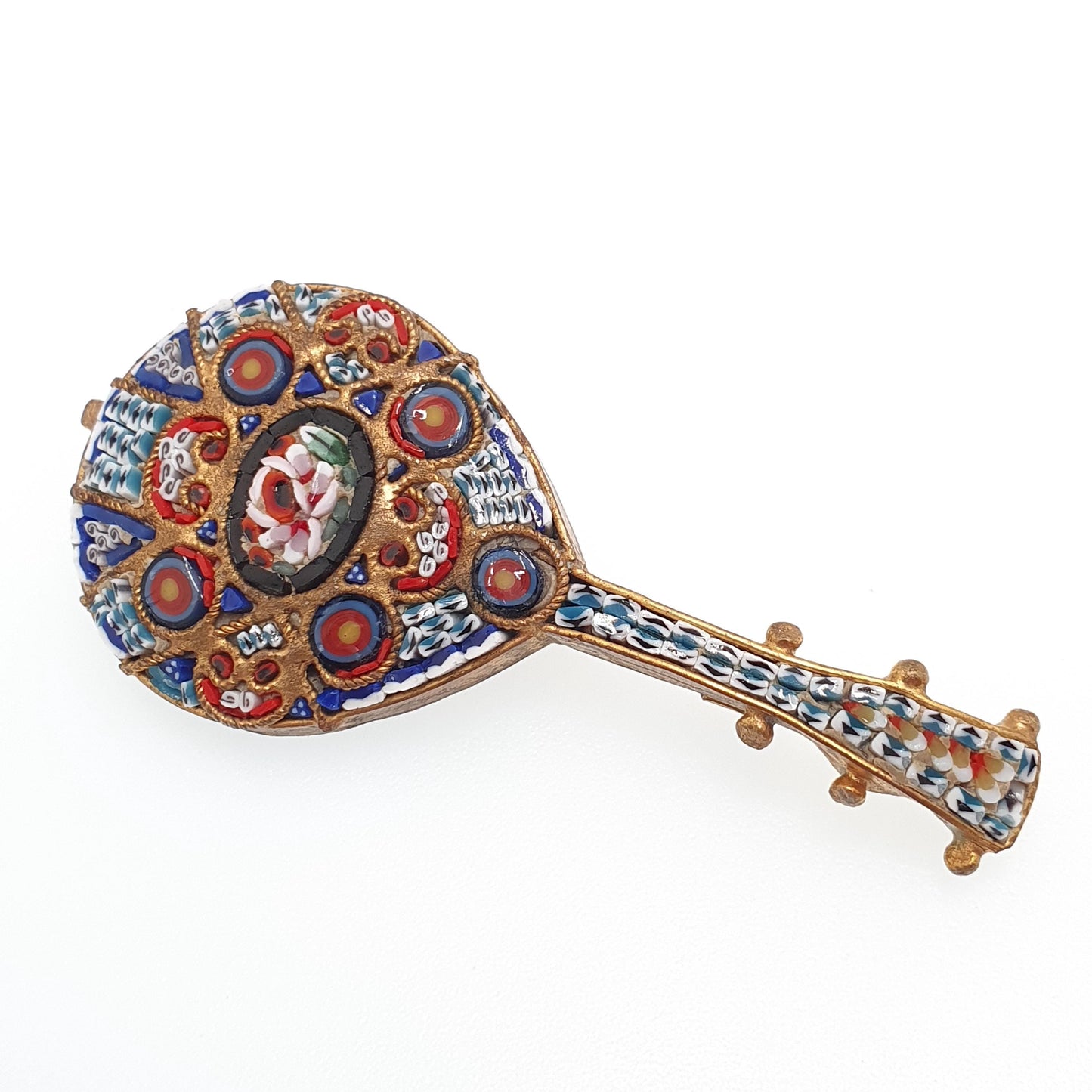 Antique Micromosaic Brooch Pin Lute Mandolin Shape Large Big Golt Gilt Instrument Italian Flower Handmade Womens Jewelry Vintage Jewellery