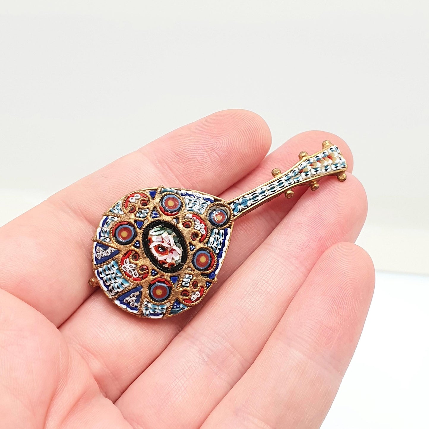 Antique Micromosaic Brooch Pin Lute Mandolin Shape Large Big Golt Gilt Instrument Italian Flower Handmade Womens Jewelry Vintage Jewellery