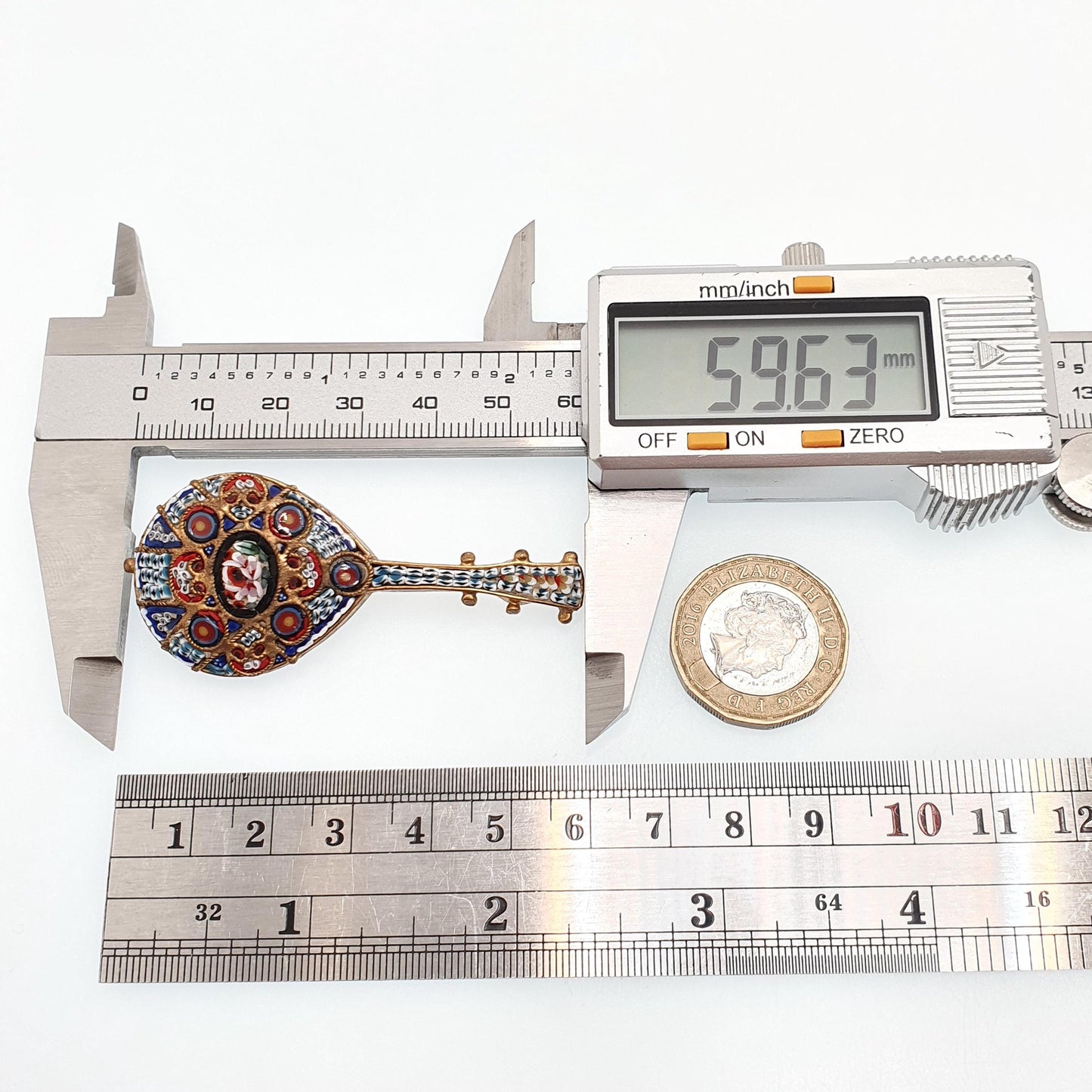 Antique Micromosaic Brooch Pin Lute Mandolin Shape Large Big Golt Gilt Instrument Italian Flower Handmade Womens Jewelry Vintage Jewellery