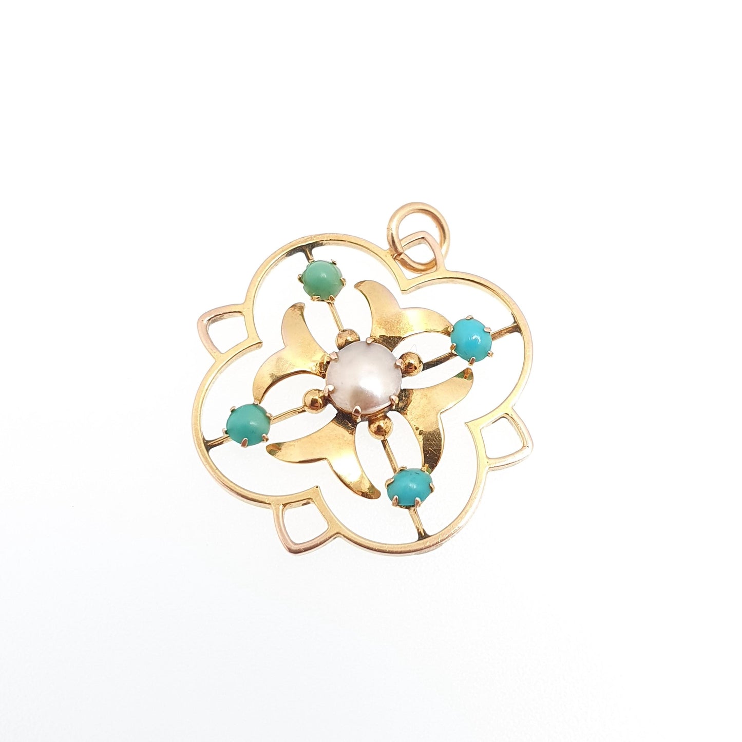 Antique Turquoise 9ct 9k Gold Pendant Necklace Openwork Victorian Lavaliere Gemstone Solid 375 Maltese Cross Vintage Jewellery Jewelry