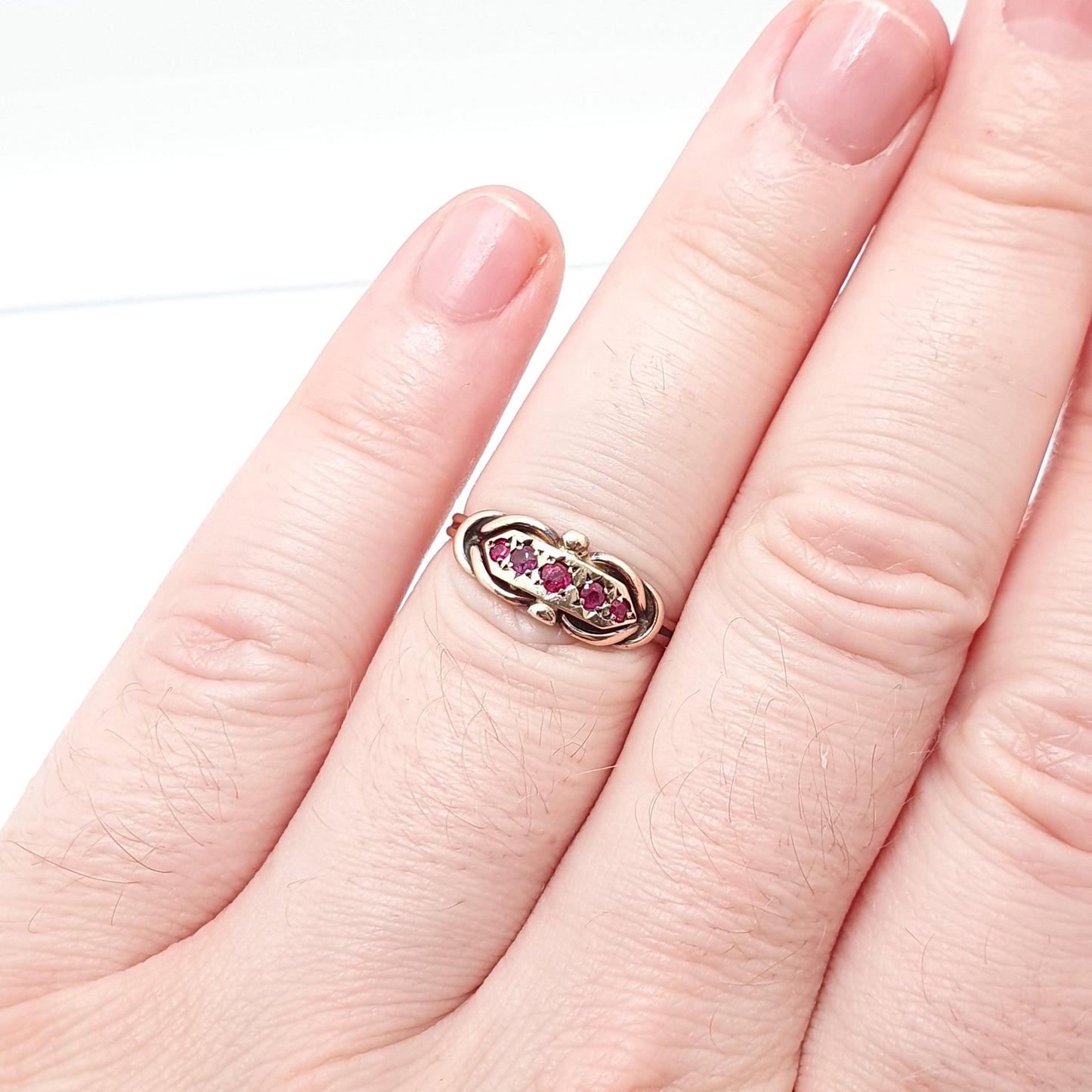 Antique Victorian 9ct Gold Ruby Ring 1896 Hallmark Solid 375 5 Stone Genuine Rubies 1800s Knot Shape 9k Womens Vintage Jewelry Jewellery