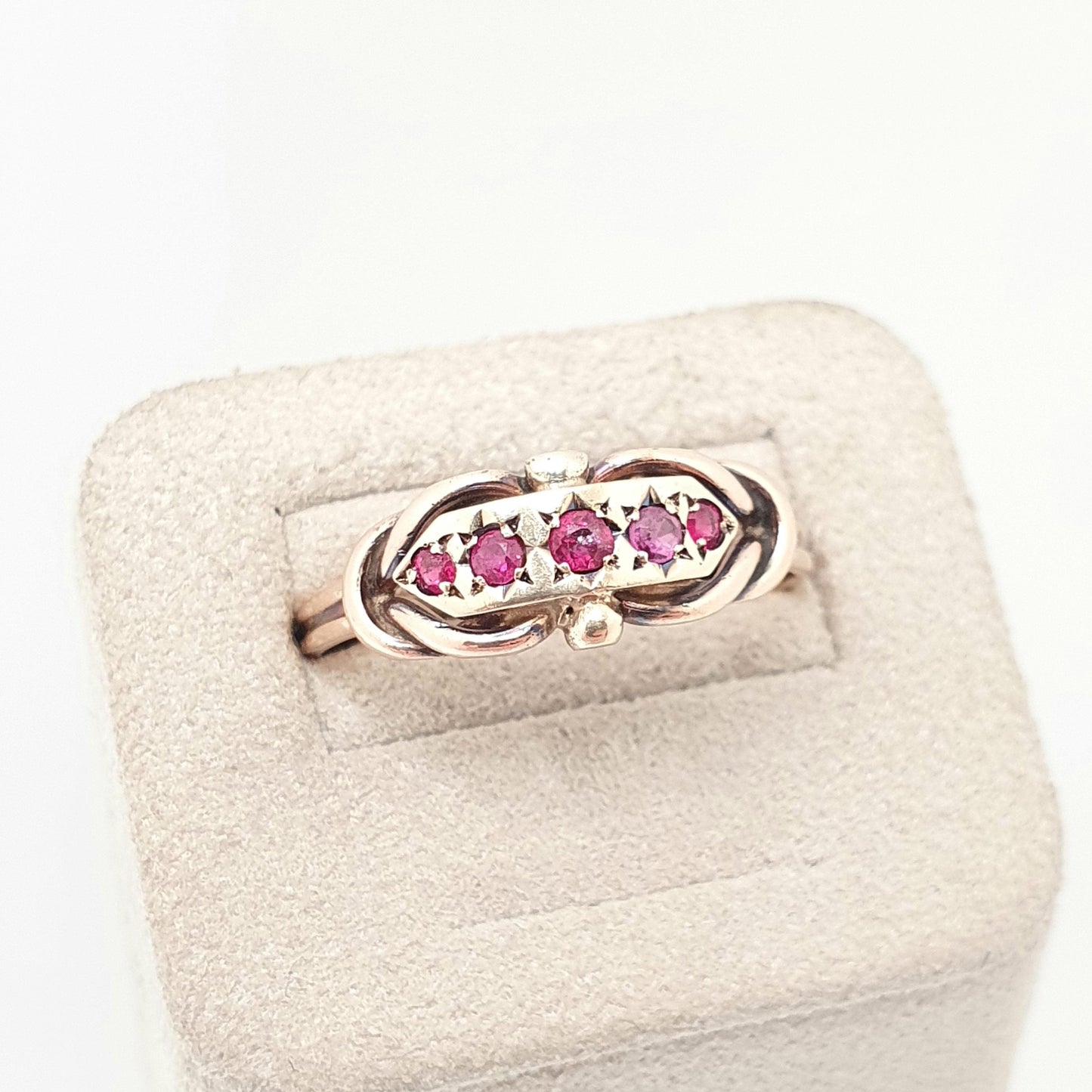 Antique Victorian 9ct Gold Ruby Ring 1896 Hallmark Solid 375 5 Stone Genuine Rubies 1800s Knot Shape 9k Womens Vintage Jewelry Jewellery