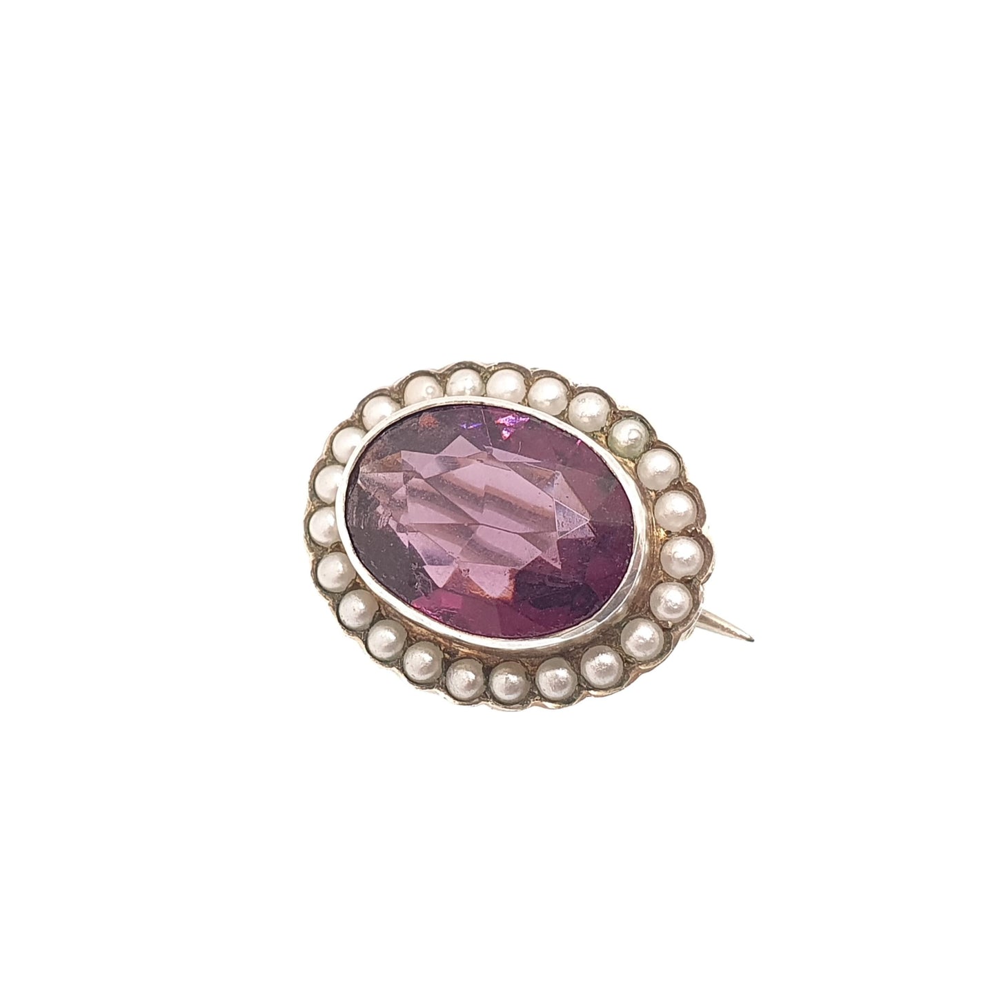 Antique Solid Silver Amethyst Paste Brooch Victorian Seed Pearl Oval Shape Genuine 1800s Vintage Womens Ladies Jewelry Jewellery