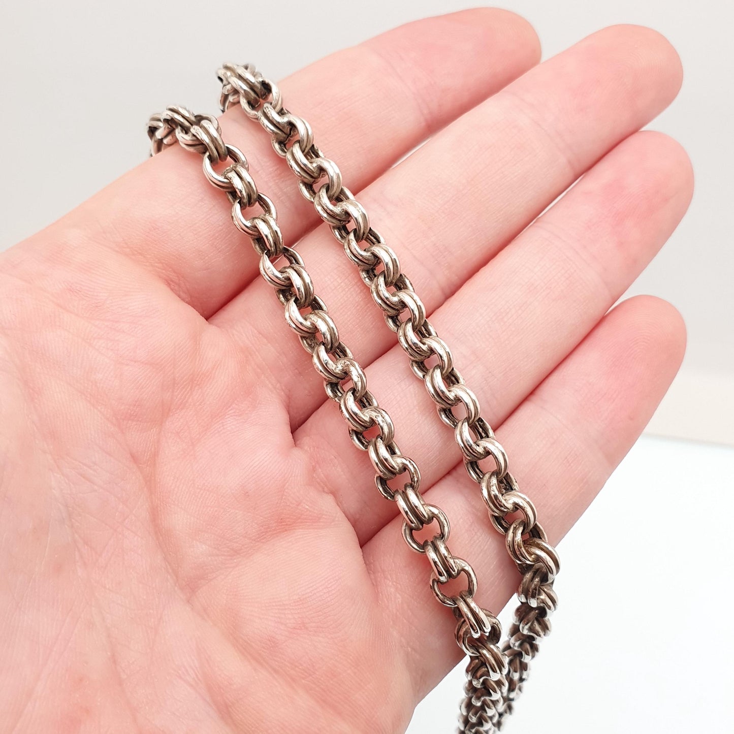 Antique Victorian Solid Silver Belcher Chain Necklace 50cm 19.6" 18.44g Chunky Thick Rolo Links Large 1800s Vintage Mens Womens Jewelry