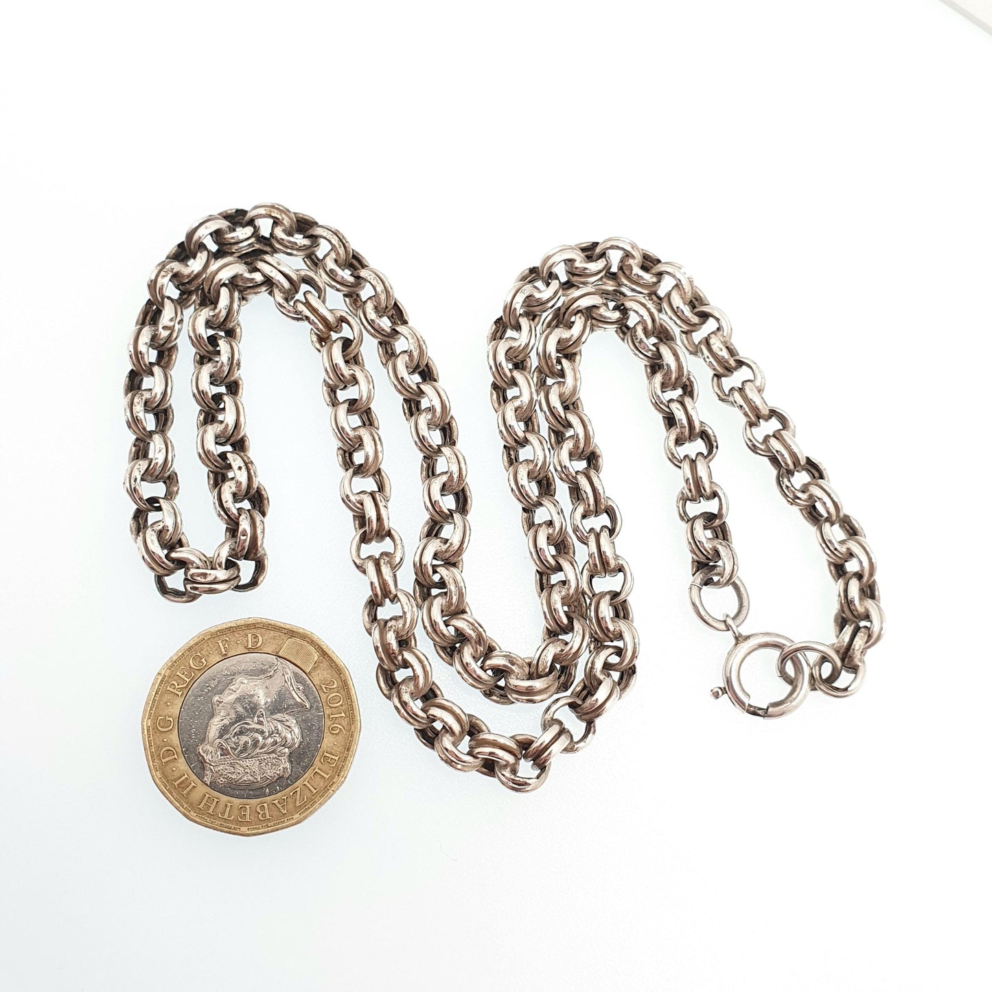 Antique Victorian Solid Silver Belcher Chain Necklace 50cm 19.6" 18.44g Chunky Thick Rolo Links Large 1800s Vintage Mens Womens Jewelry