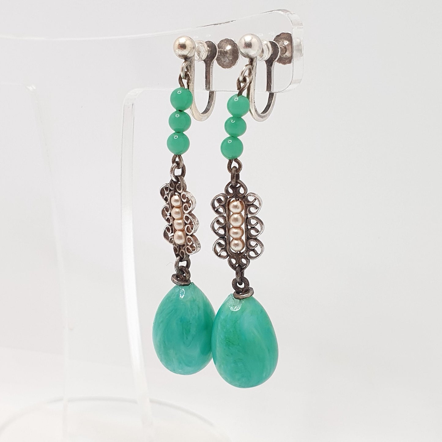 Antique Solid Silver Peking Glass Jade Earrings Bauble Hanging Pendulum Arts and Crafts Vintage Chandelier Seed Pearl Jewelry Jewellery