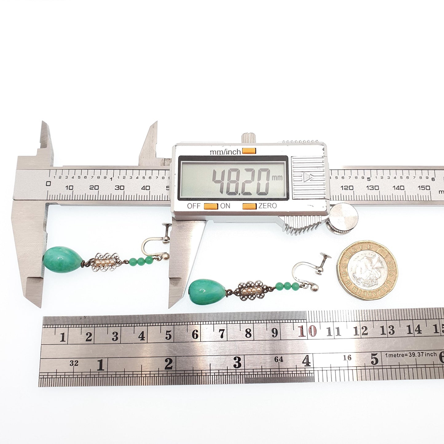 Antique Solid Silver Peking Glass Jade Earrings Bauble Hanging Pendulum Arts and Crafts Vintage Chandelier Seed Pearl Jewelry Jewellery