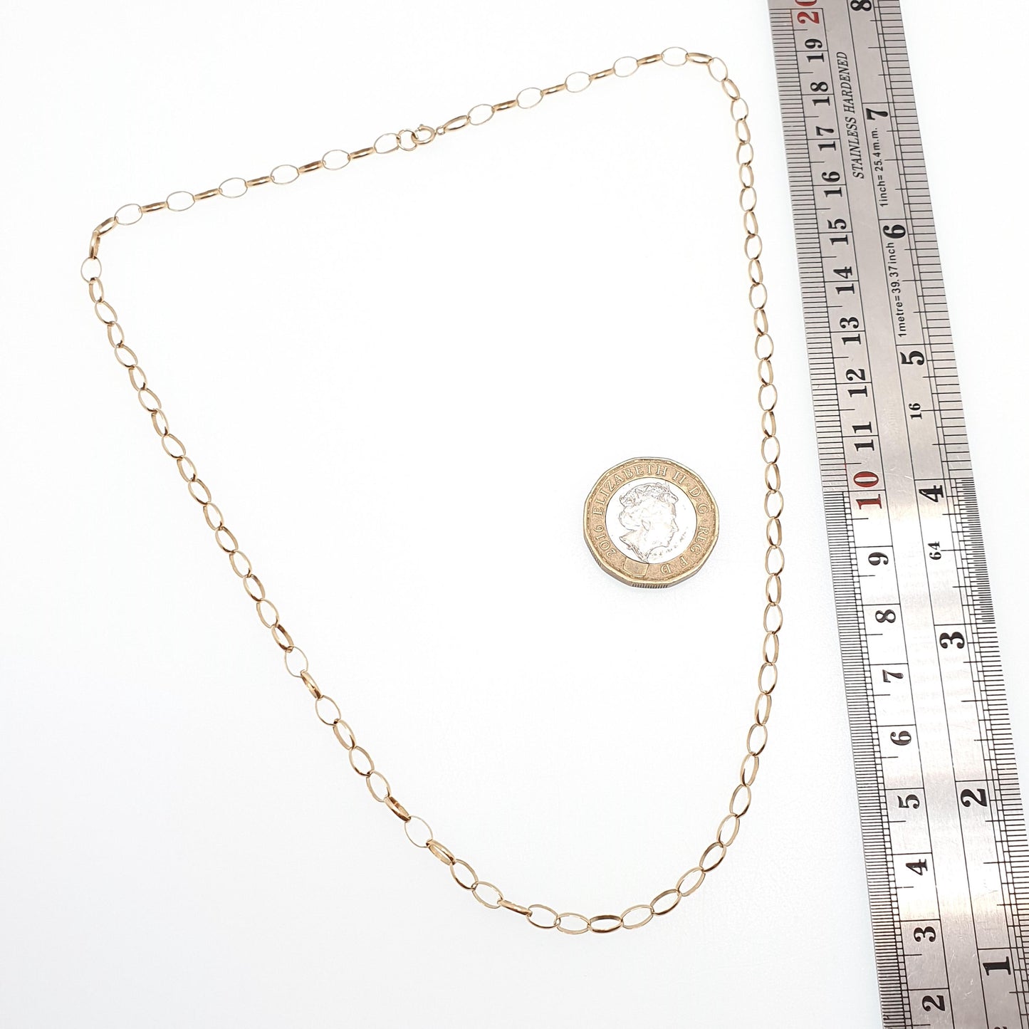 Vintage 9k 9ct Gold Belcher Link Chain Necklace Oval Cable Large Links Long 45cm 17.7" 3.14g Solid 375 Yellow Retro Womens Mens Hallmarked