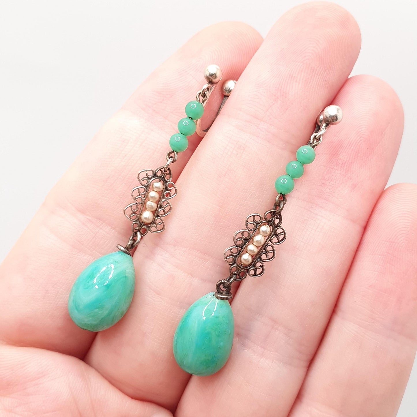 Antique Solid Silver Peking Glass Jade Earrings Bauble Hanging Pendulum Arts and Crafts Vintage Chandelier Seed Pearl Jewelry Jewellery