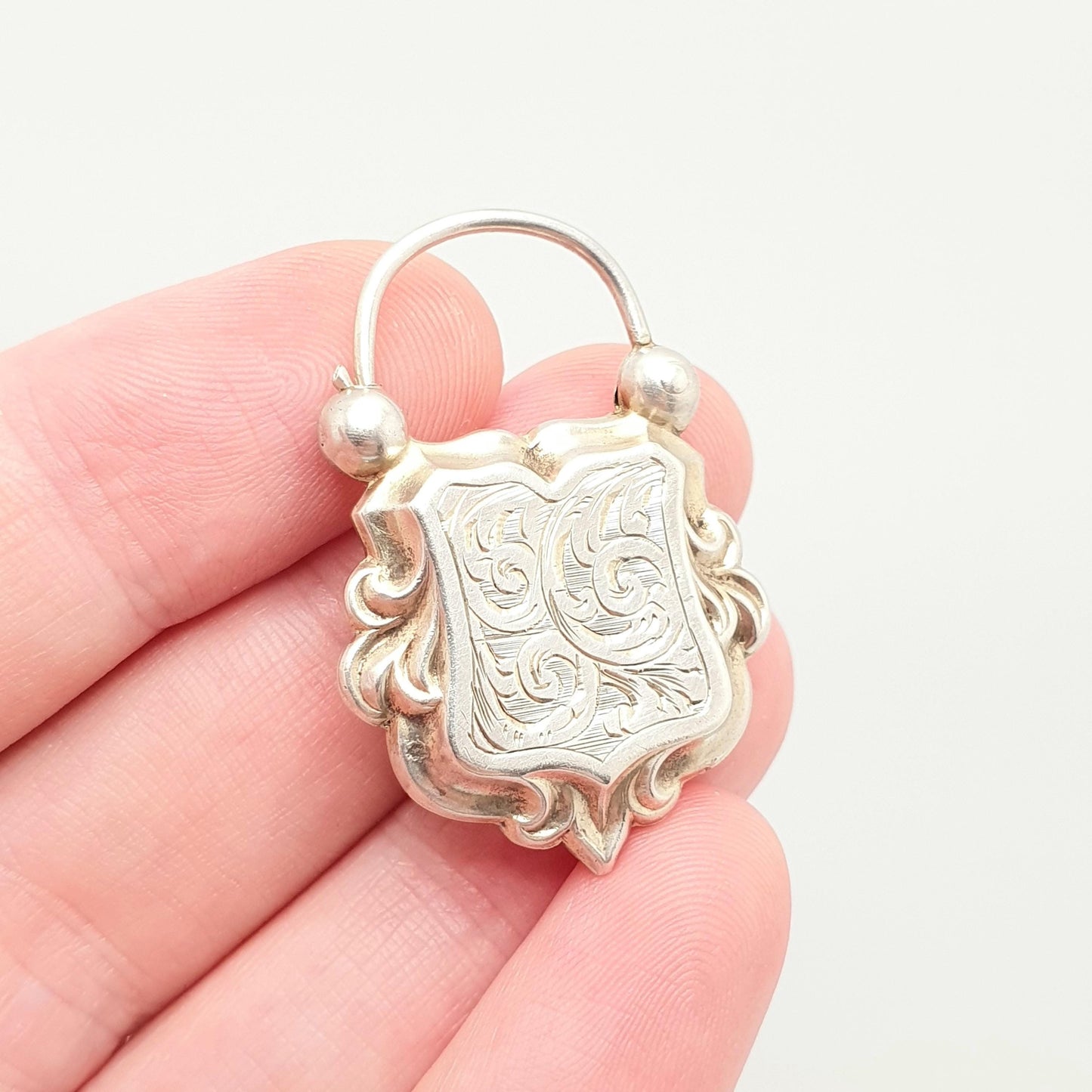 Antique Solid Silver Victorian Padlock Clasp Large Lock Big Bracelet Necklace Engraved Shield 1800s Vintage Jewellery Jewelry Gift Rare