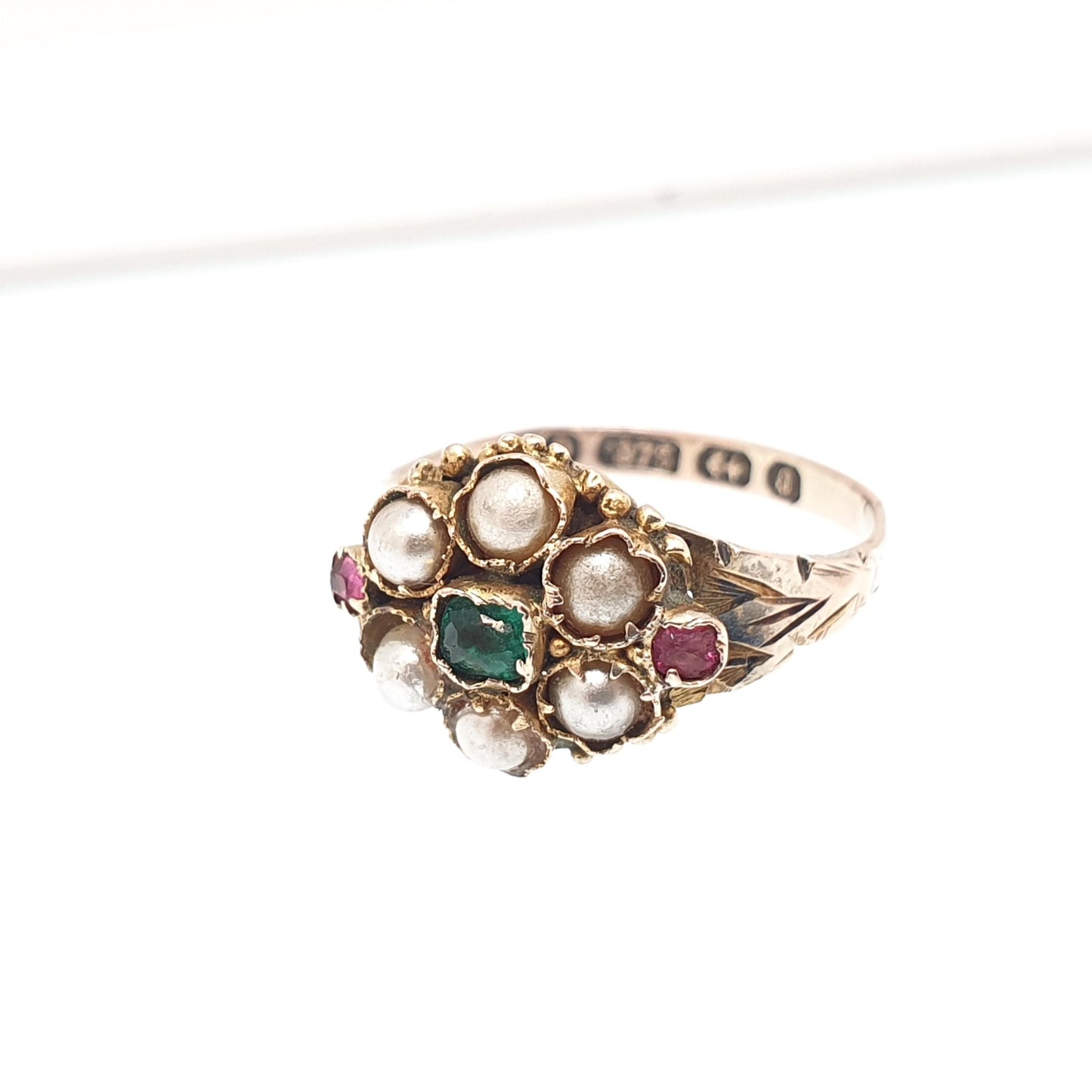 Antique Victorian 9ct Gold Emerald Paste Ring 1875 Hallmark Solid 375 Seed Pearl Ruby Pastes Engraved Cluster Vintage Jewelry Jewellery