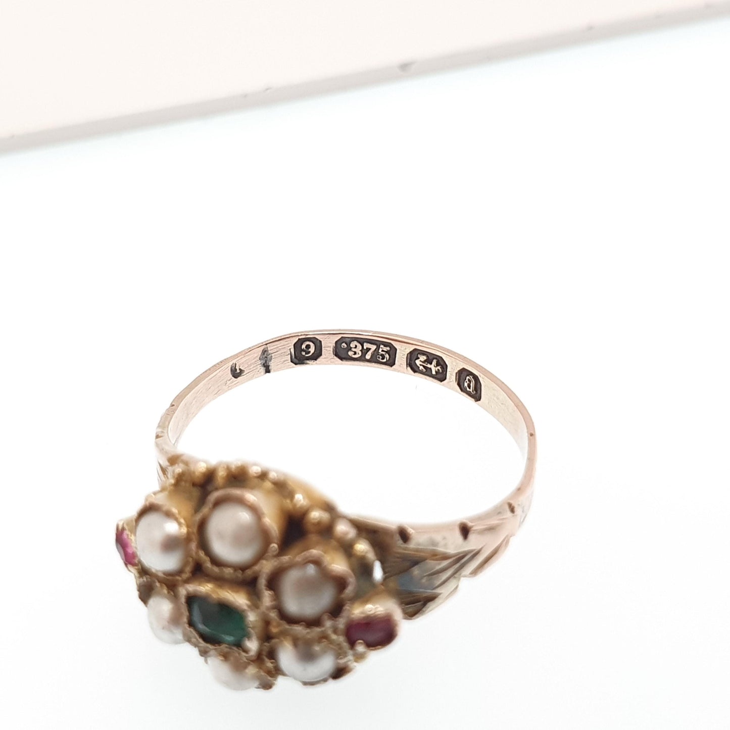 Antique Victorian 9ct Gold Emerald Paste Ring 1875 Hallmark Solid 375 Seed Pearl Ruby Pastes Engraved Cluster Vintage Jewelry Jewellery
