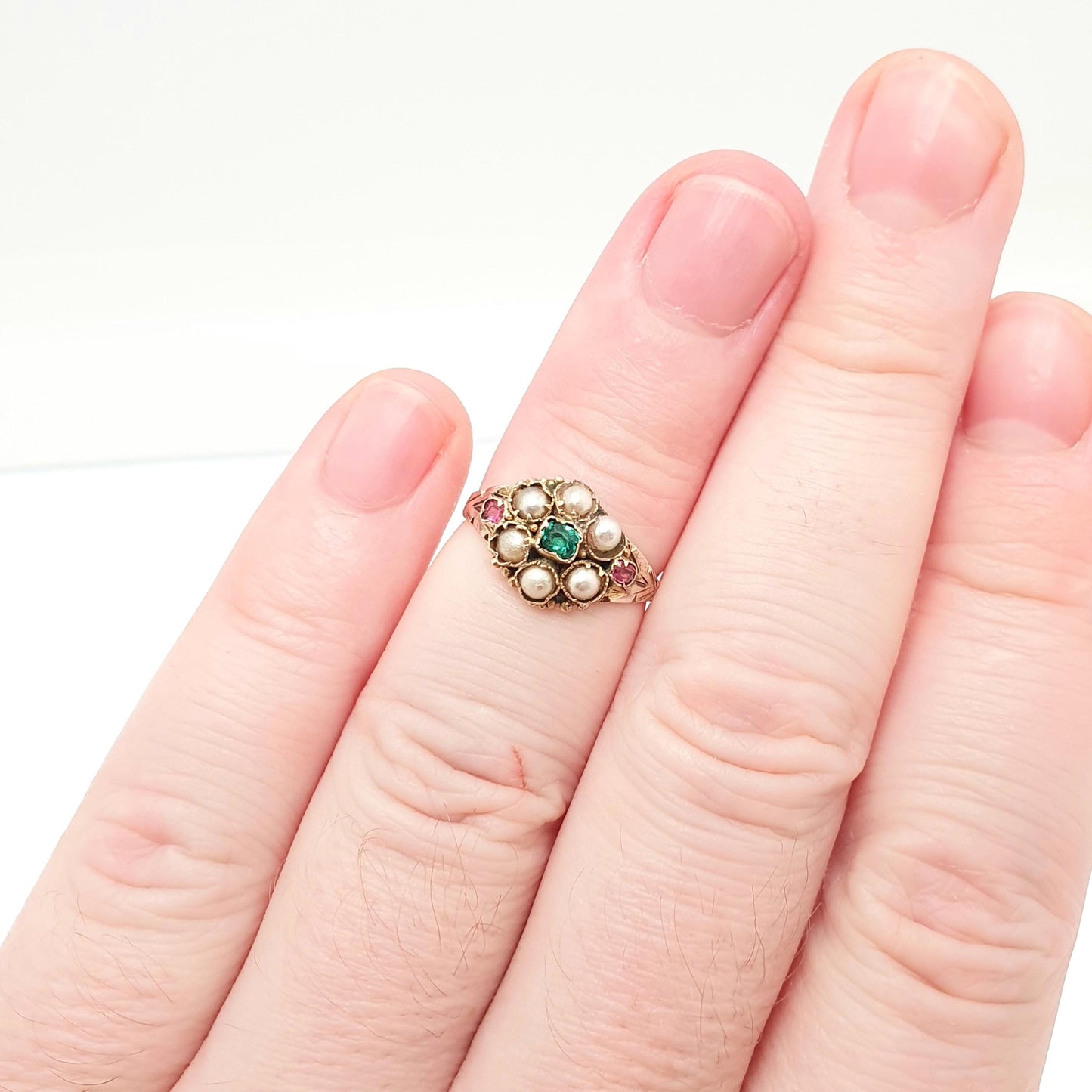 Antique Victorian 9ct Gold Emerald Paste Ring 1875 Hallmark Solid 375 Seed Pearl Ruby Pastes Engraved Cluster Vintage Jewelry Jewellery