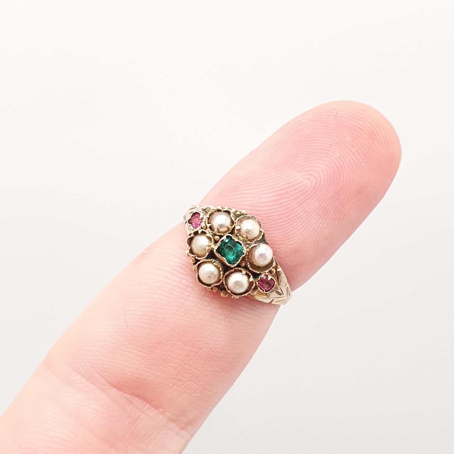 Antique Victorian 9ct Gold Emerald Paste Ring 1875 Hallmark Solid 375 Seed Pearl Ruby Pastes Engraved Cluster Vintage Jewelry Jewellery