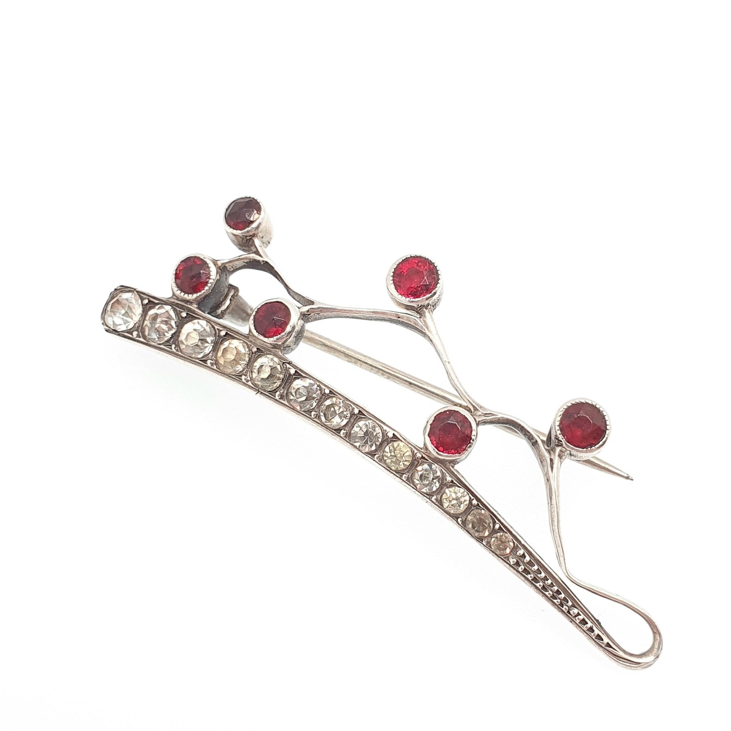 Antique Victorian Solid Silver Ruby Diamond Paste Brooch Hair Pin Style Genuine Real 1800s Sparkly Vintage Womens Jewelry Jewellery