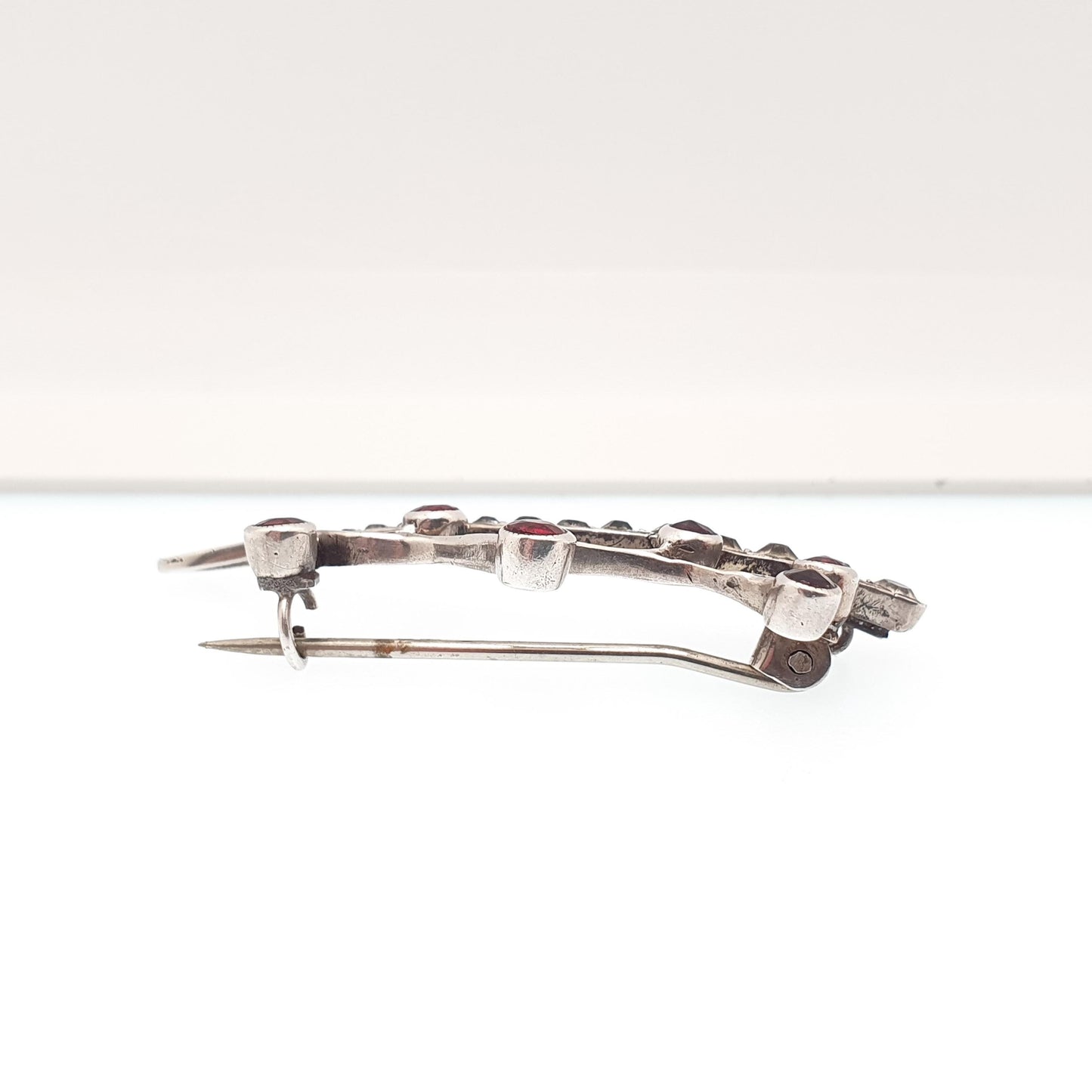 Antique Victorian Solid Silver Ruby Diamond Paste Brooch Hair Pin Style Genuine Real 1800s Sparkly Vintage Womens Jewelry Jewellery
