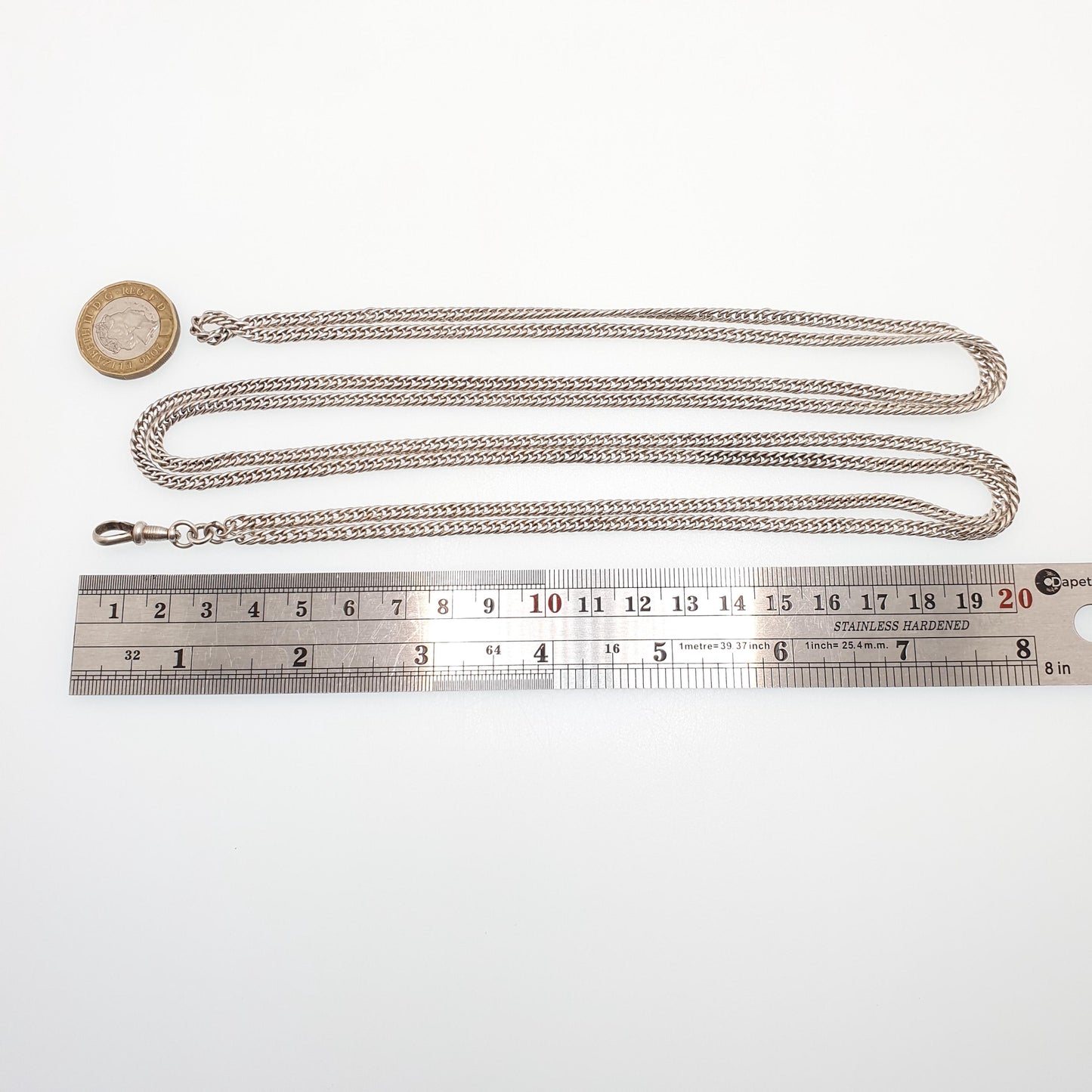 Antique Victorian Muff Chain Guard Necklace Silver Plate Dog Clip 152m 59.8" Curb Link Very Long Vintage 1800s Womens Jewelry Jewellery