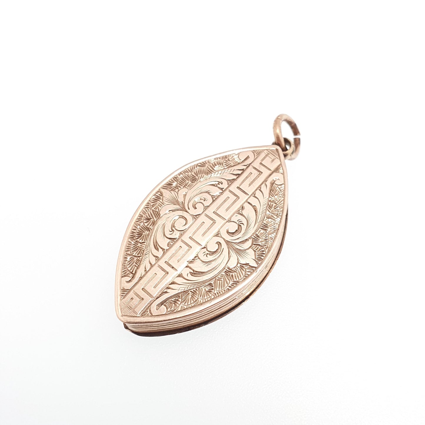 Antique Victorian 9ct 9k Gold Locket Pendant Greek Key Engraved Necklace Ellipse Eye Shape Solid 375 Back & Front Vintage Jewelry Jewellery
