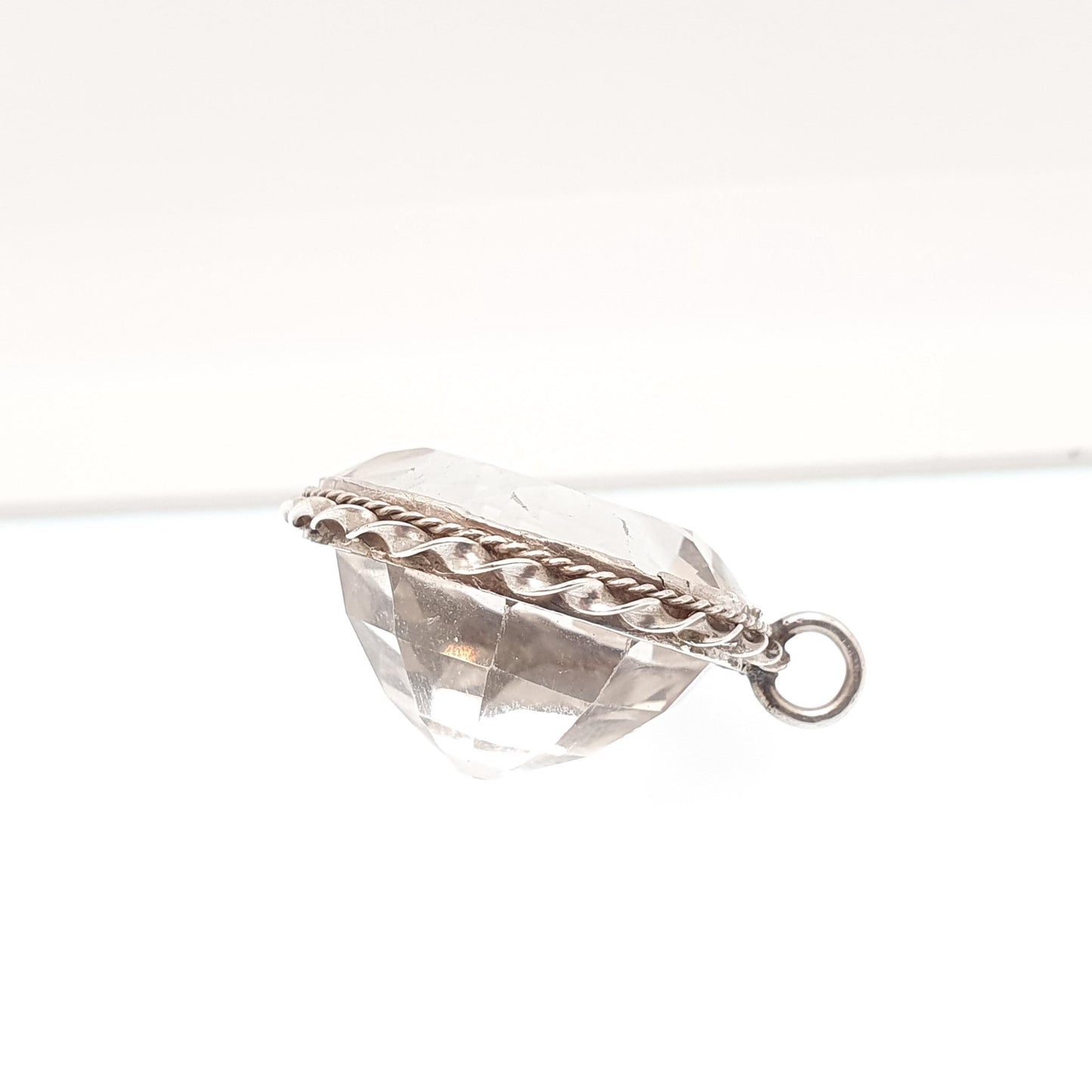 Antique Art Deco Rock Crystal Solid Silver Pendant White Quartz Necklace Genuine Real Large Faceted Gemstone Clear Jewelry Jewellery