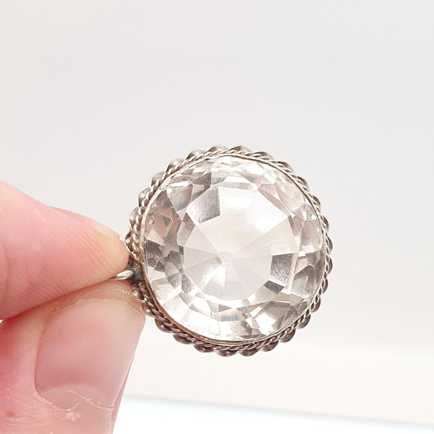 Antique Art Deco Rock Crystal Solid Silver Pendant White Quartz Necklace Genuine Real Large Faceted Gemstone Clear Jewelry Jewellery