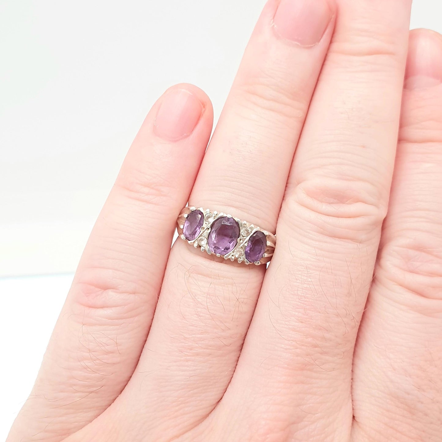 RESERVED/SOLD DON Vintage Sterling Silver Amethyst Ring Gypsy Large Gemstones White Quartz 1978 Hallmark Chunky Solid 925 Sparkly Retro Womens Jewelry