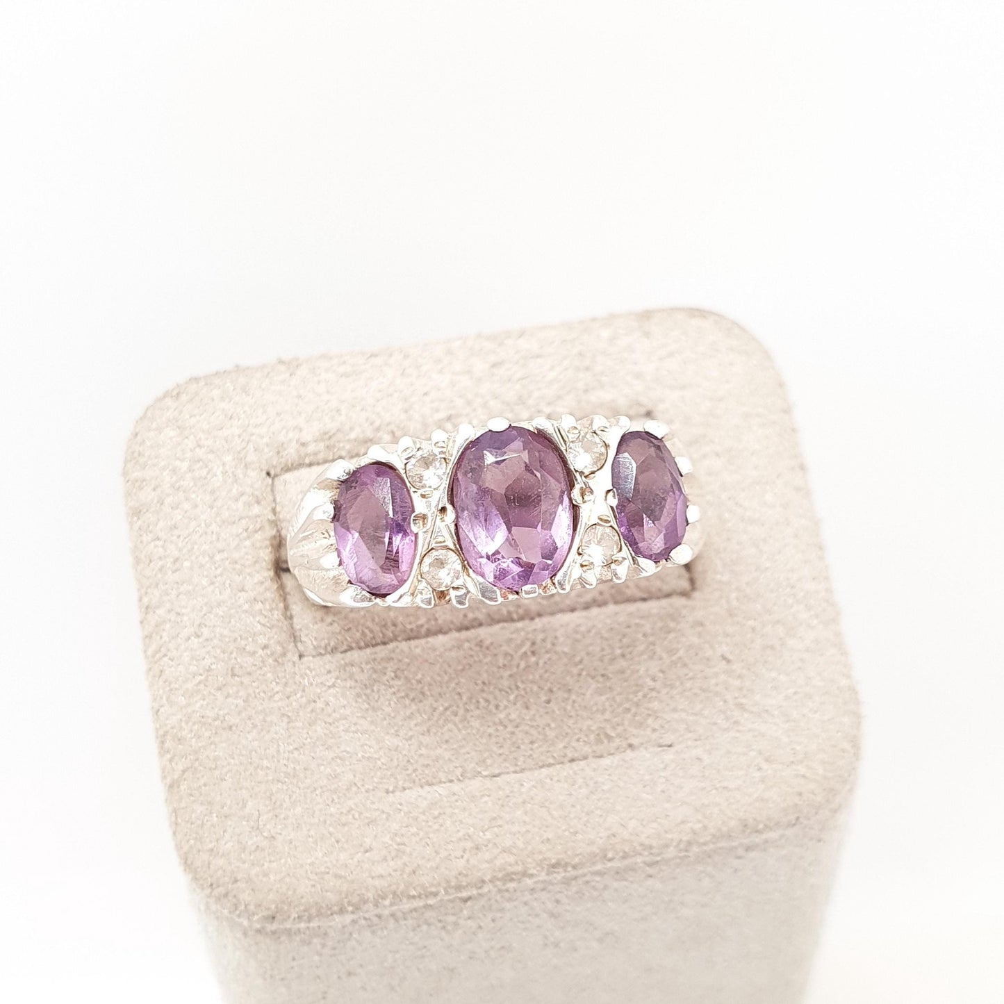 RESERVED/SOLD DON Vintage Sterling Silver Amethyst Ring Gypsy Large Gemstones White Quartz 1978 Hallmark Chunky Solid 925 Sparkly Retro Womens Jewelry