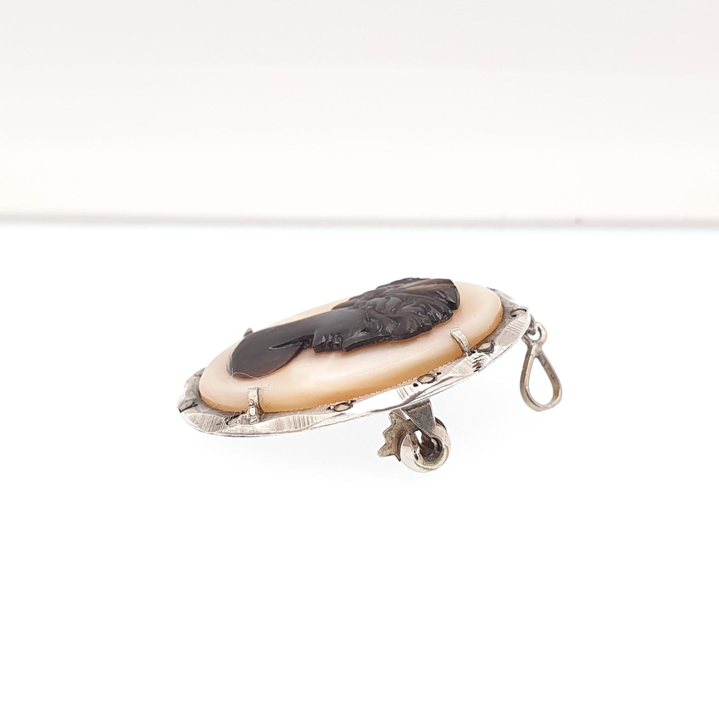 Antique Solid Silver Abalone Cameo Pendant Brooch Necklace Black White Shell Art Deco Marcasite Mother of Pearl Iridescent Womens Jewelry