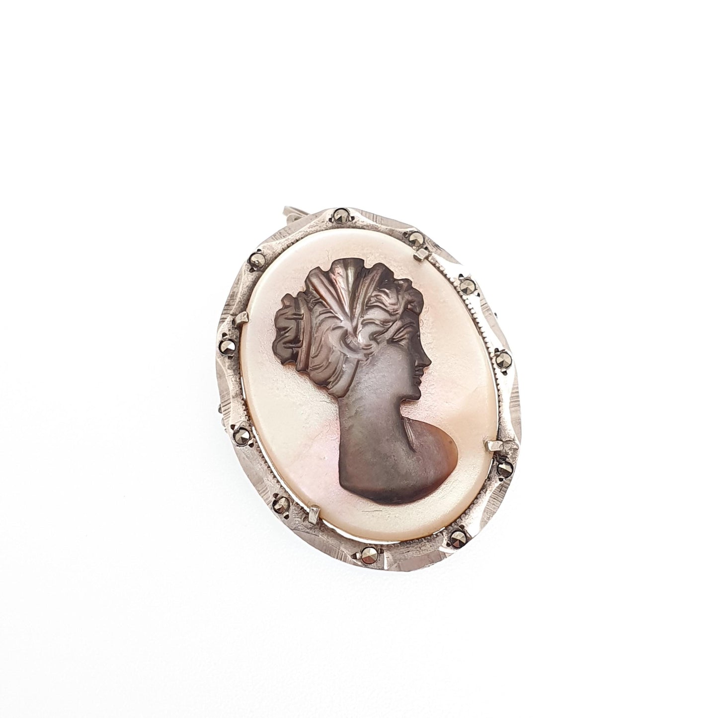 Antique Solid Silver Abalone Cameo Pendant Brooch Necklace Black White Shell Art Deco Marcasite Mother of Pearl Iridescent Womens Jewelry