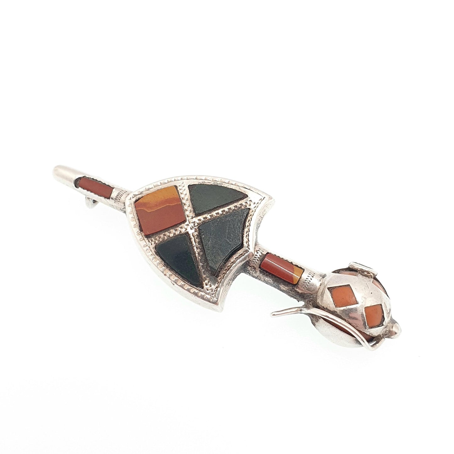 Antique Dirk Sterling Silver Brooch Pin Sword Shield Scottish Bloodstone Red Jasper 1916 Hallmark Genuine Real Vintage Jewelry Jewellery