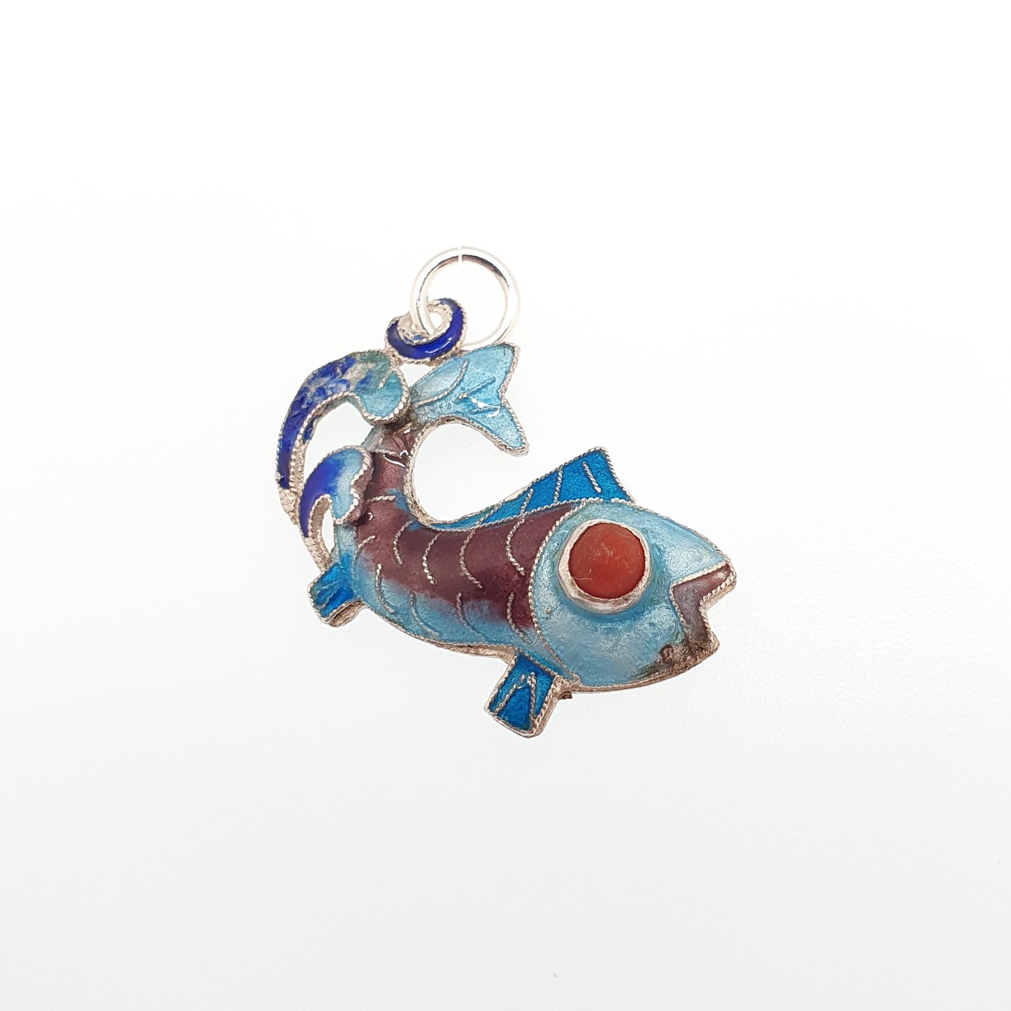 Vintage Solid Silver Enamel Fish Pendant Coral Necklace Chinese Handmade Vintage Pisces Sea Animal Mens Womens Jewelry Jewellery