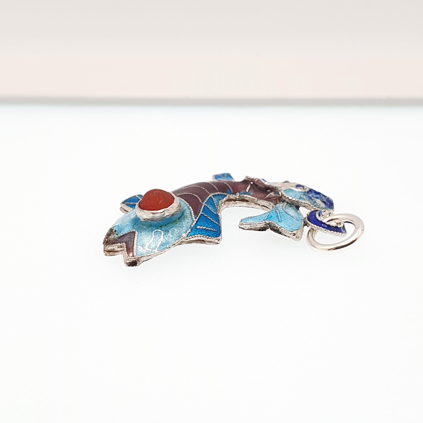 Vintage Solid Silver Enamel Fish Pendant Coral Necklace Chinese Handmade Vintage Pisces Sea Animal Mens Womens Jewelry Jewellery