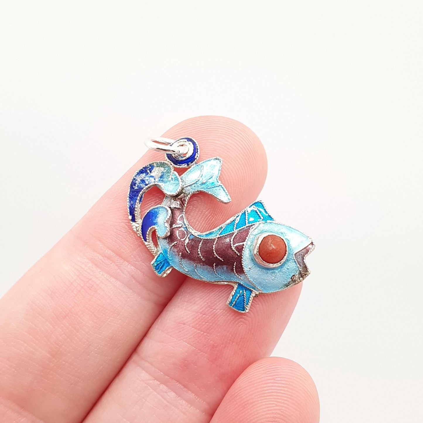 Vintage Solid Silver Enamel Fish Pendant Coral Necklace Chinese Handmade Vintage Pisces Sea Animal Mens Womens Jewelry Jewellery