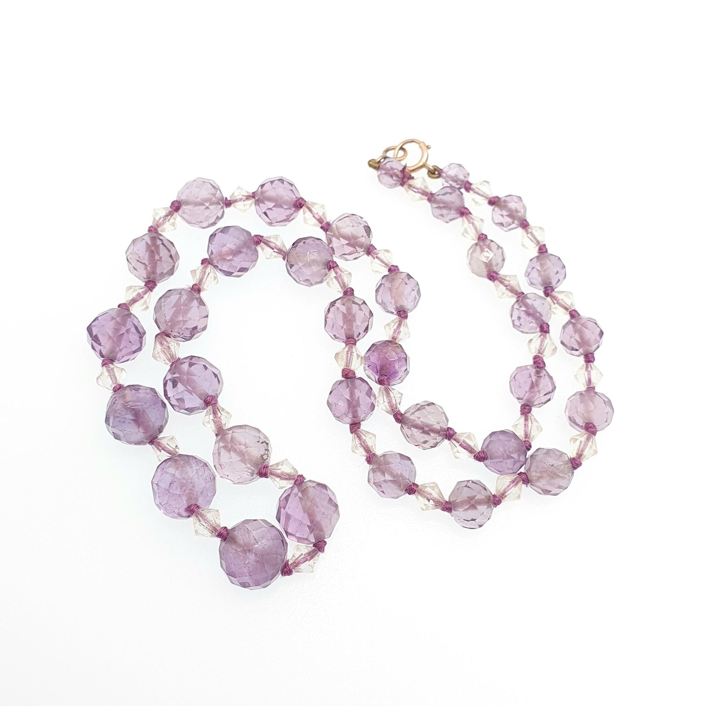 Antique 9ct Gold Natural Amethyst Bead Necklace Faceted Art Deco Faceted Long 50cm Solid 9k 375 Clasp Quartz Vintage Beads Jewelry Jewellery